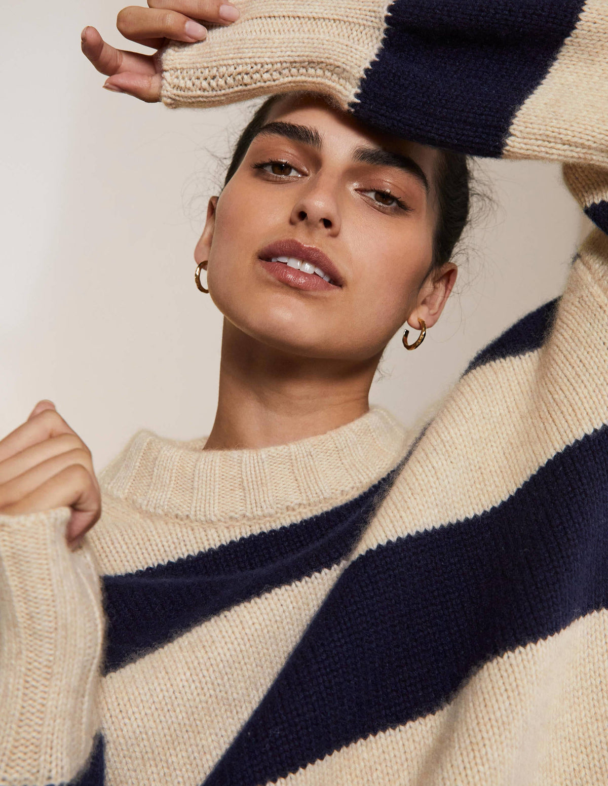 Chunky Cashmere Jumper-Navy, Oatmeal Melange Stripe - Image 2