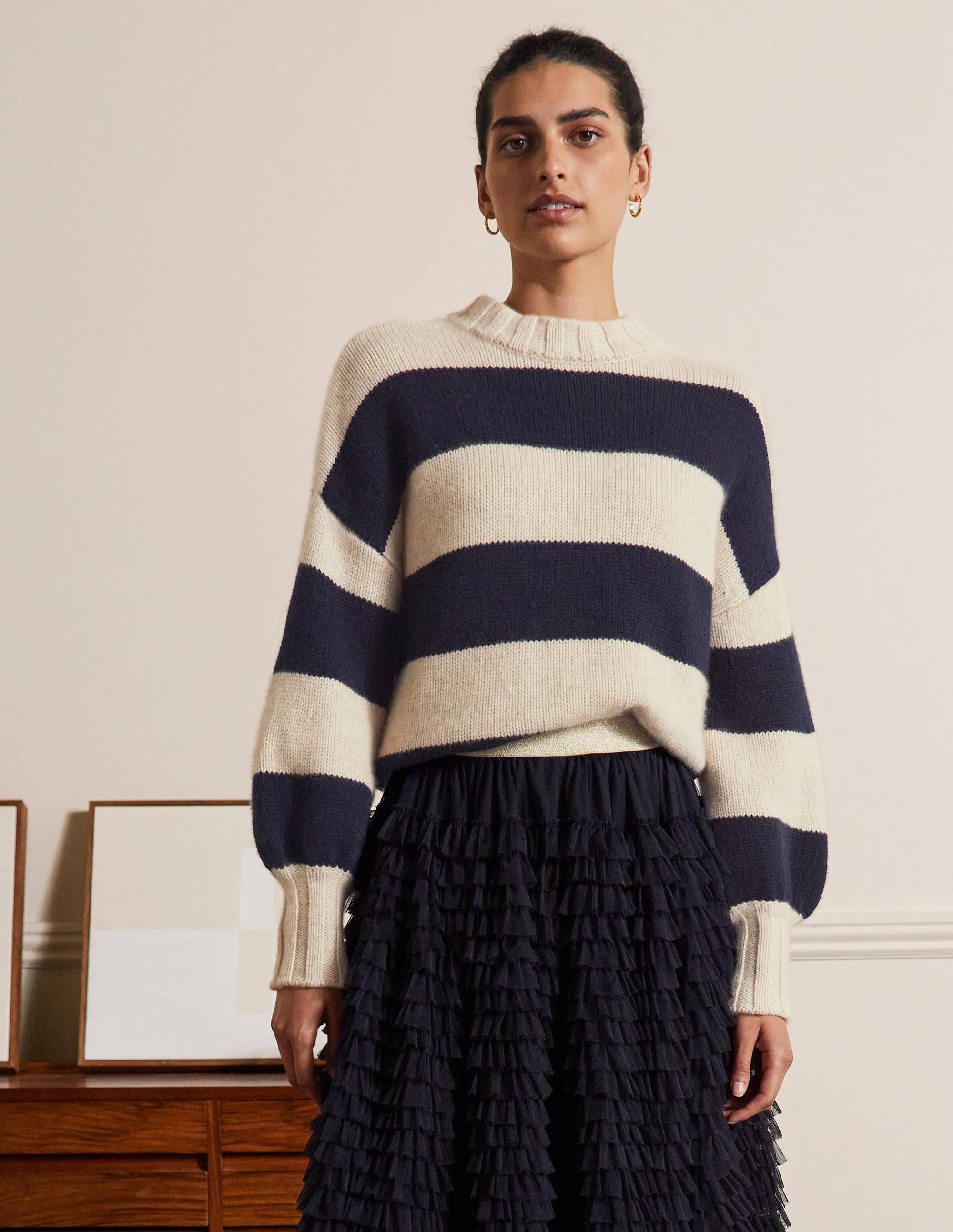 Chunky Cashmere Jumper-Navy, Oatmeal Melange Stripe - Image 5