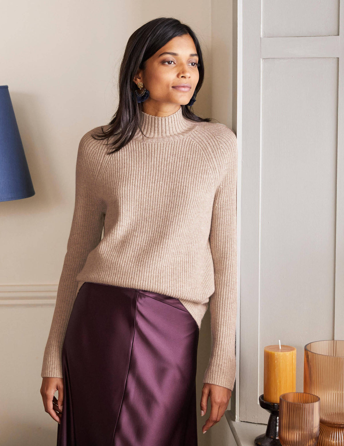 Mia Ribbed High Neck Jumper-Oatmeal Melange - Image 1