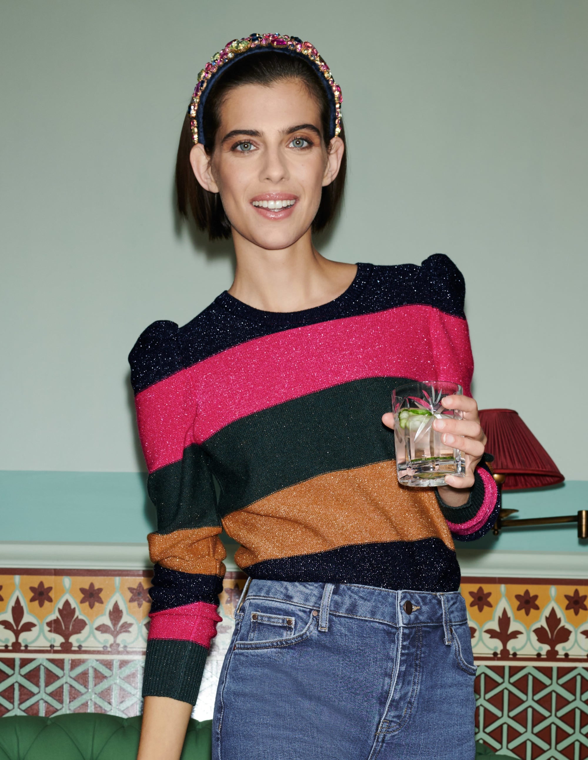 Sparkle Puff Sleeve Jumper-Pink, Black Lurex Multi Stripe - Image 7