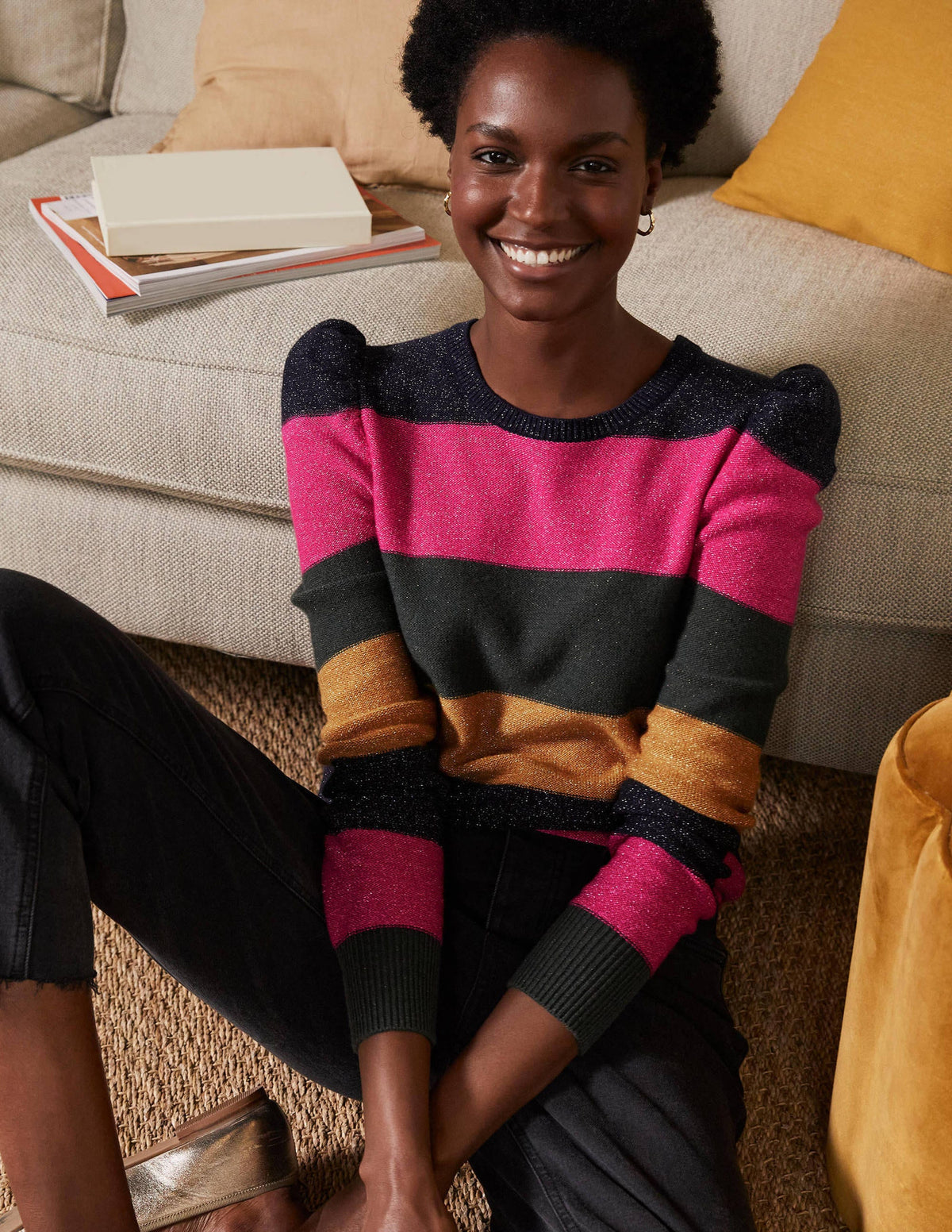 Sparkle Puff Sleeve Jumper-Pink, Black Lurex Multi Stripe - Image 1