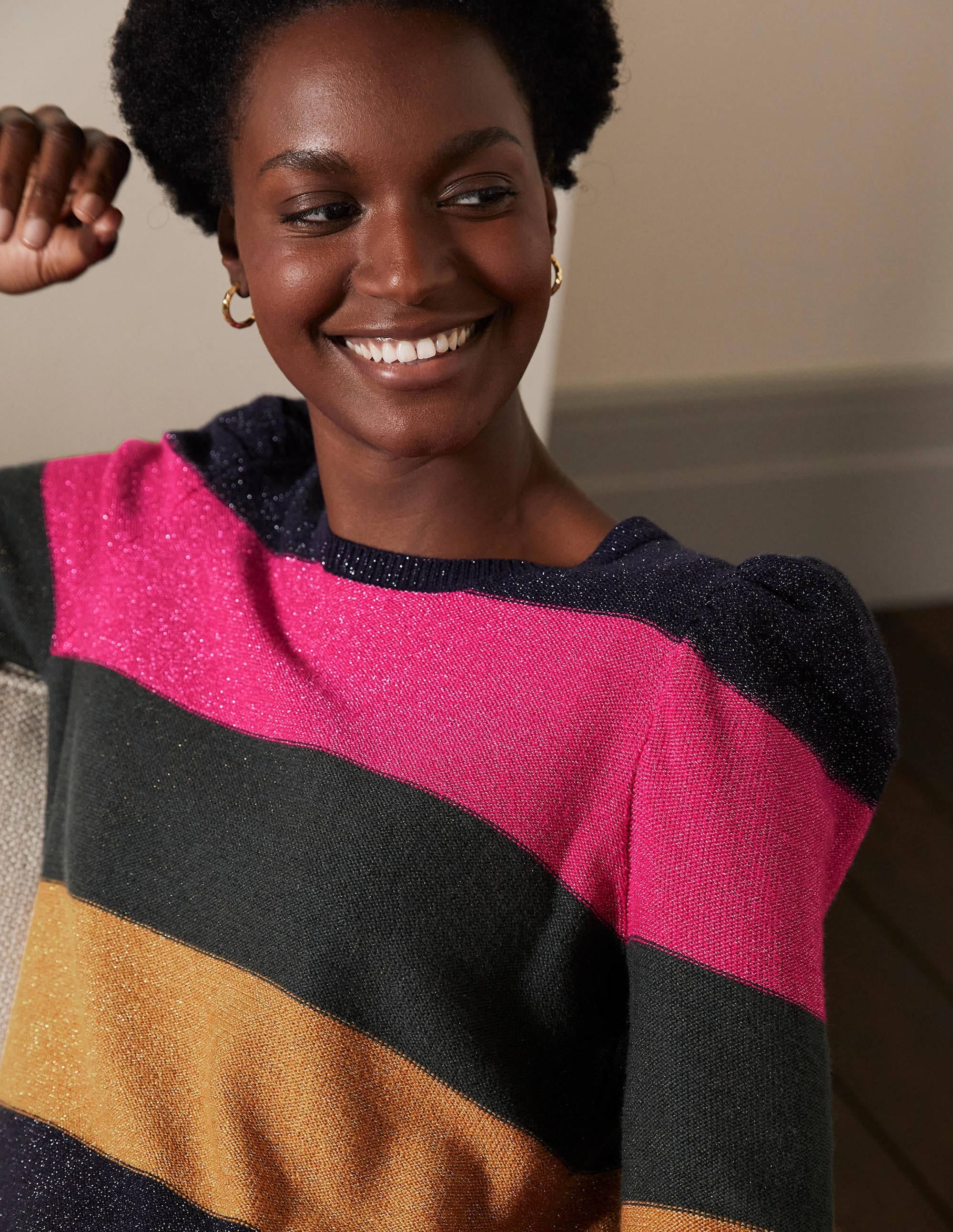 Sparkle Puff Sleeve Jumper-Pink, Black Lurex Multi Stripe - Image 2