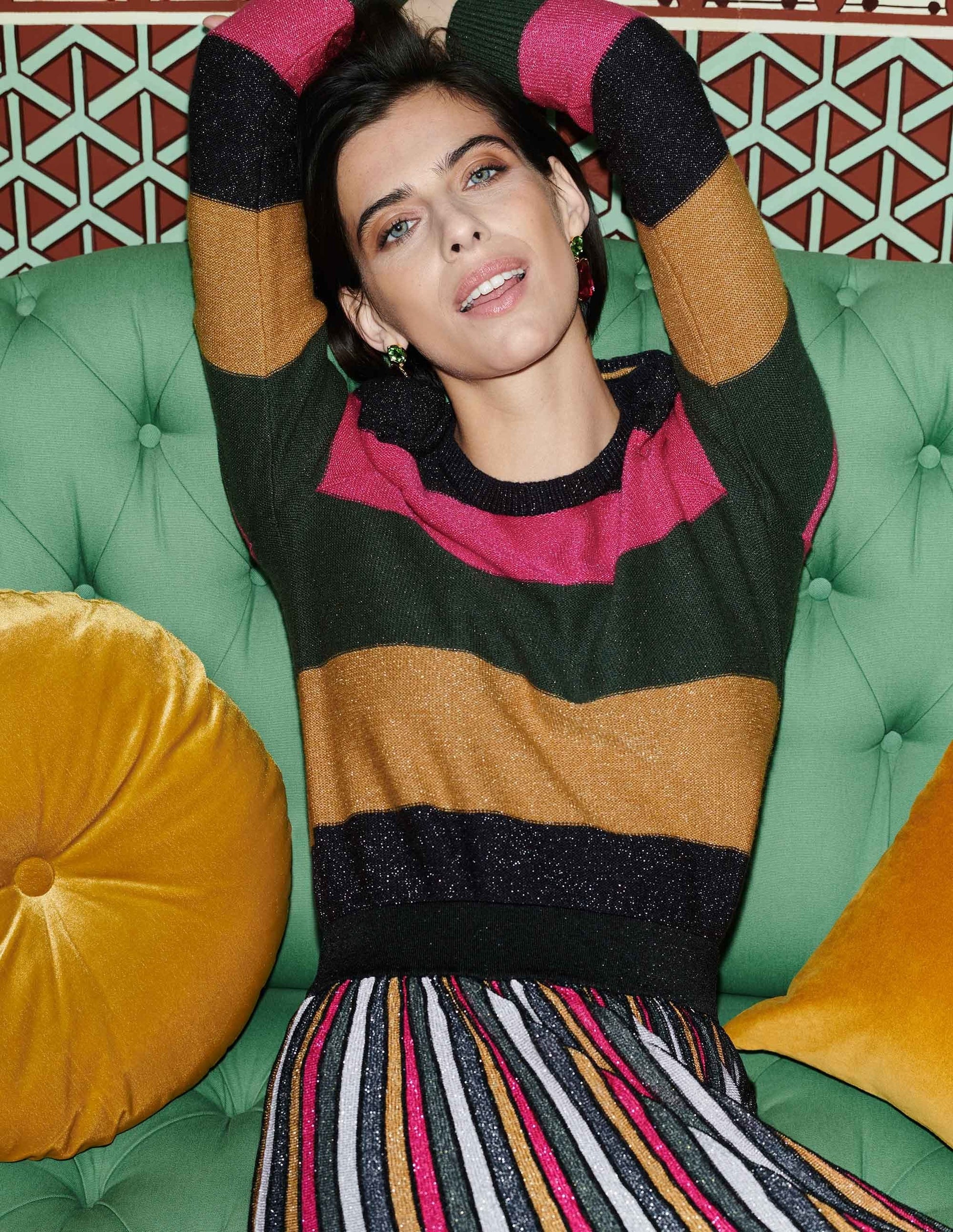 Sparkle Puff Sleeve Jumper-Pink, Black Lurex Multi Stripe-4