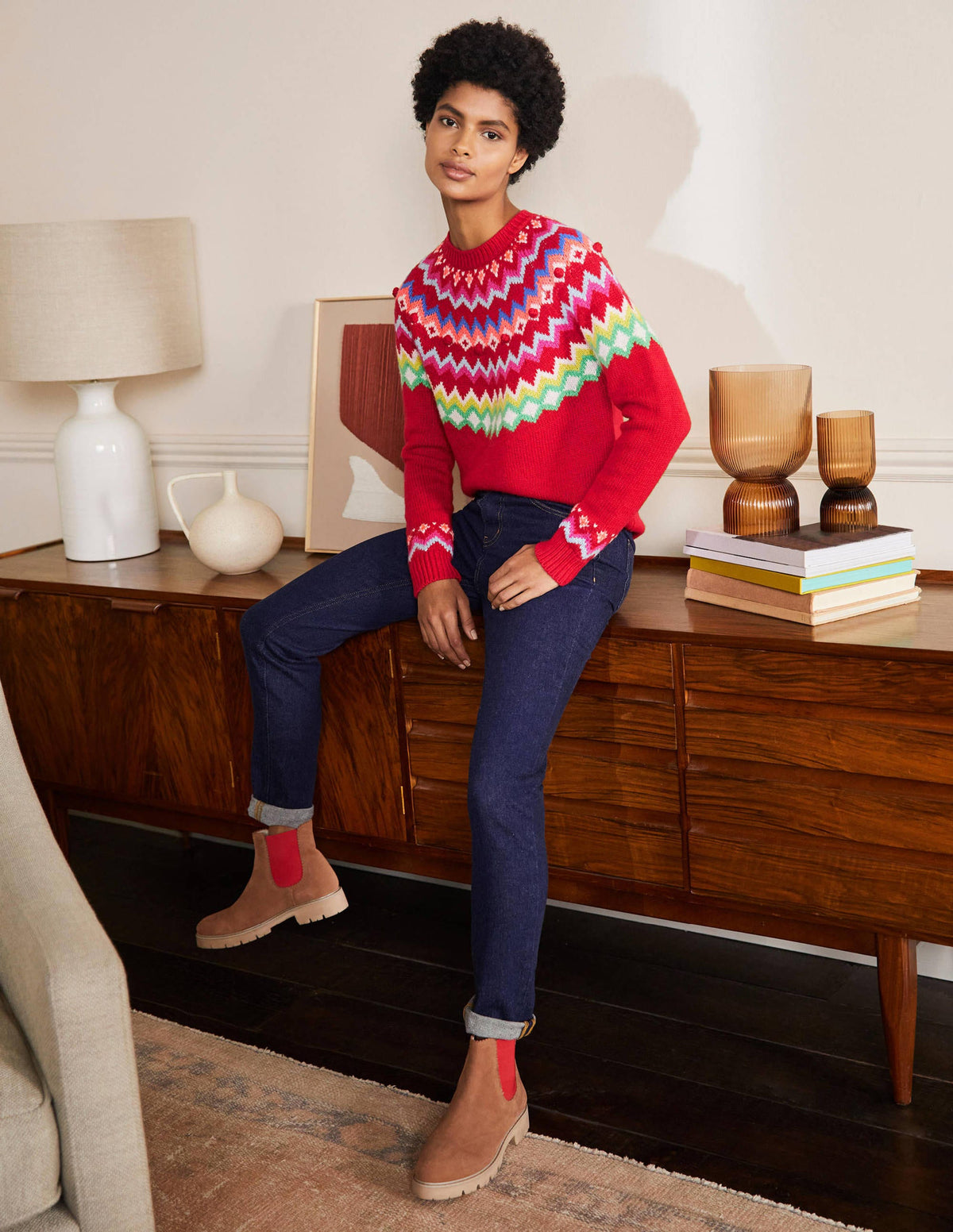 Relaxed Fair Isle Jumper-Rockabilly Red - Image 4