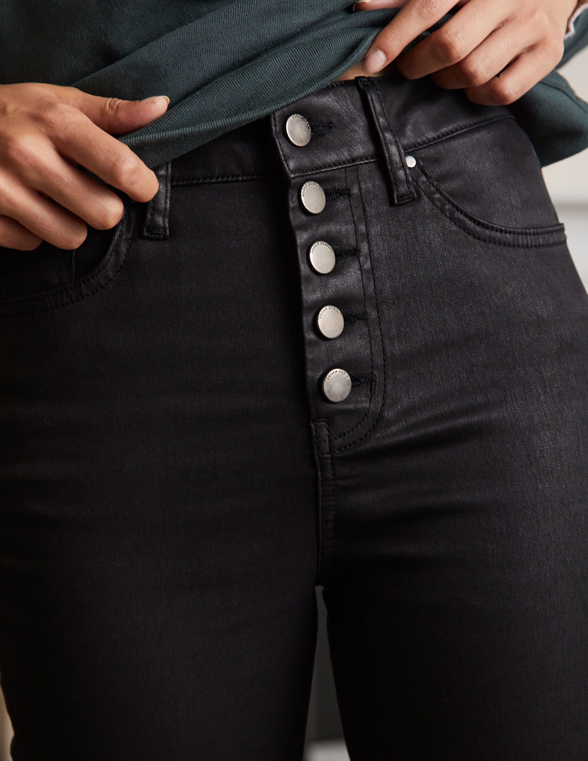 Button Fly Skinny Jeans-Black Waxed - Image 2