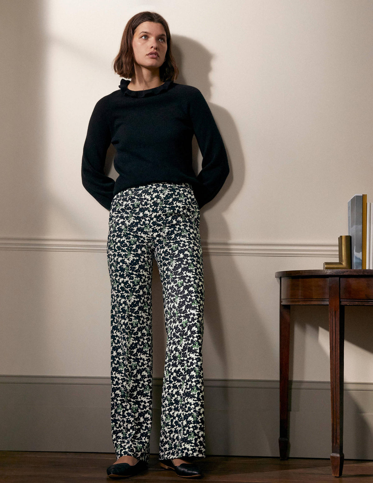 Relaxed Bootcut Trousers-Black, Camo Floral - Image 1
