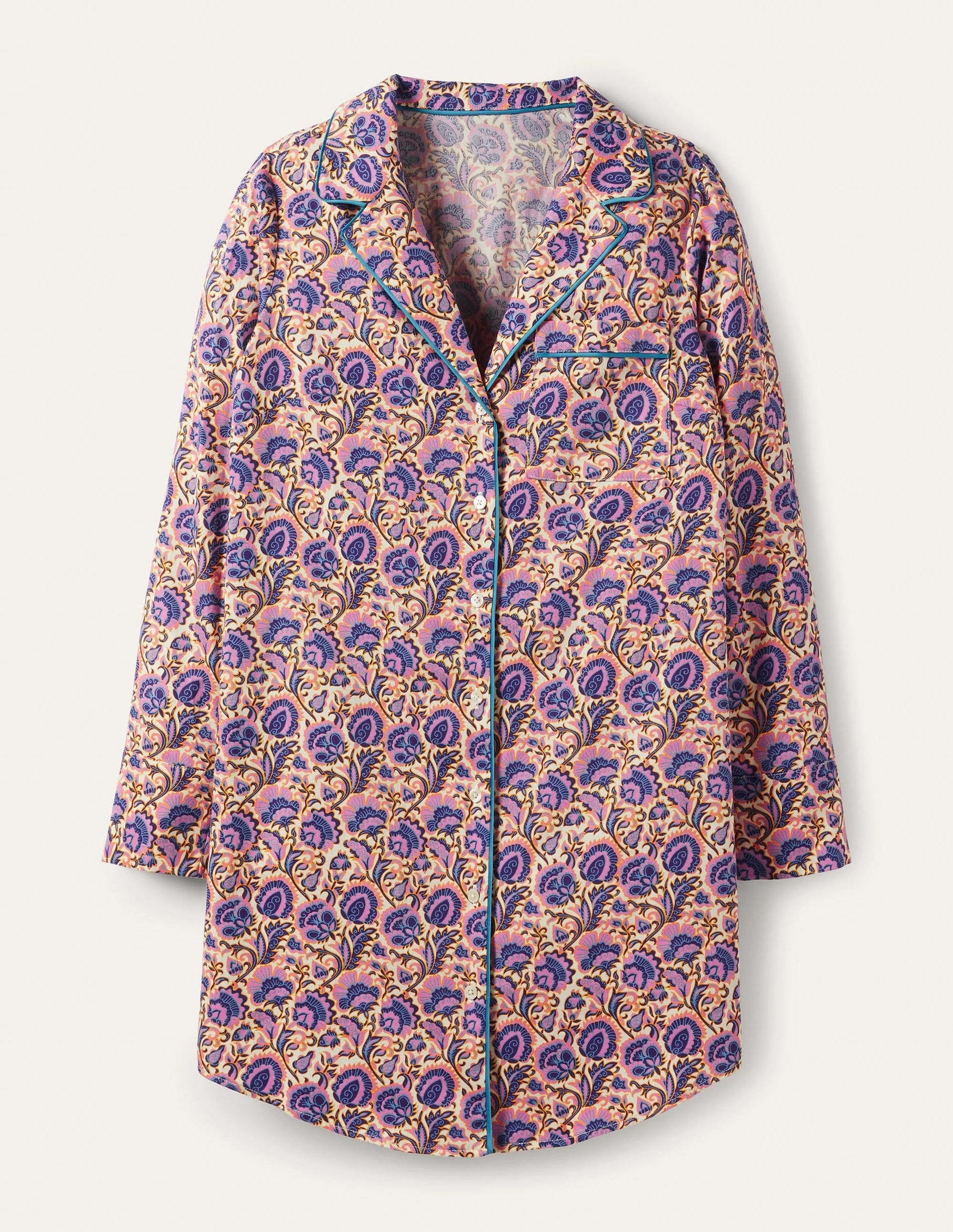 Janie Longline Pyjama Shirt-Ivory, Rich Floral-5