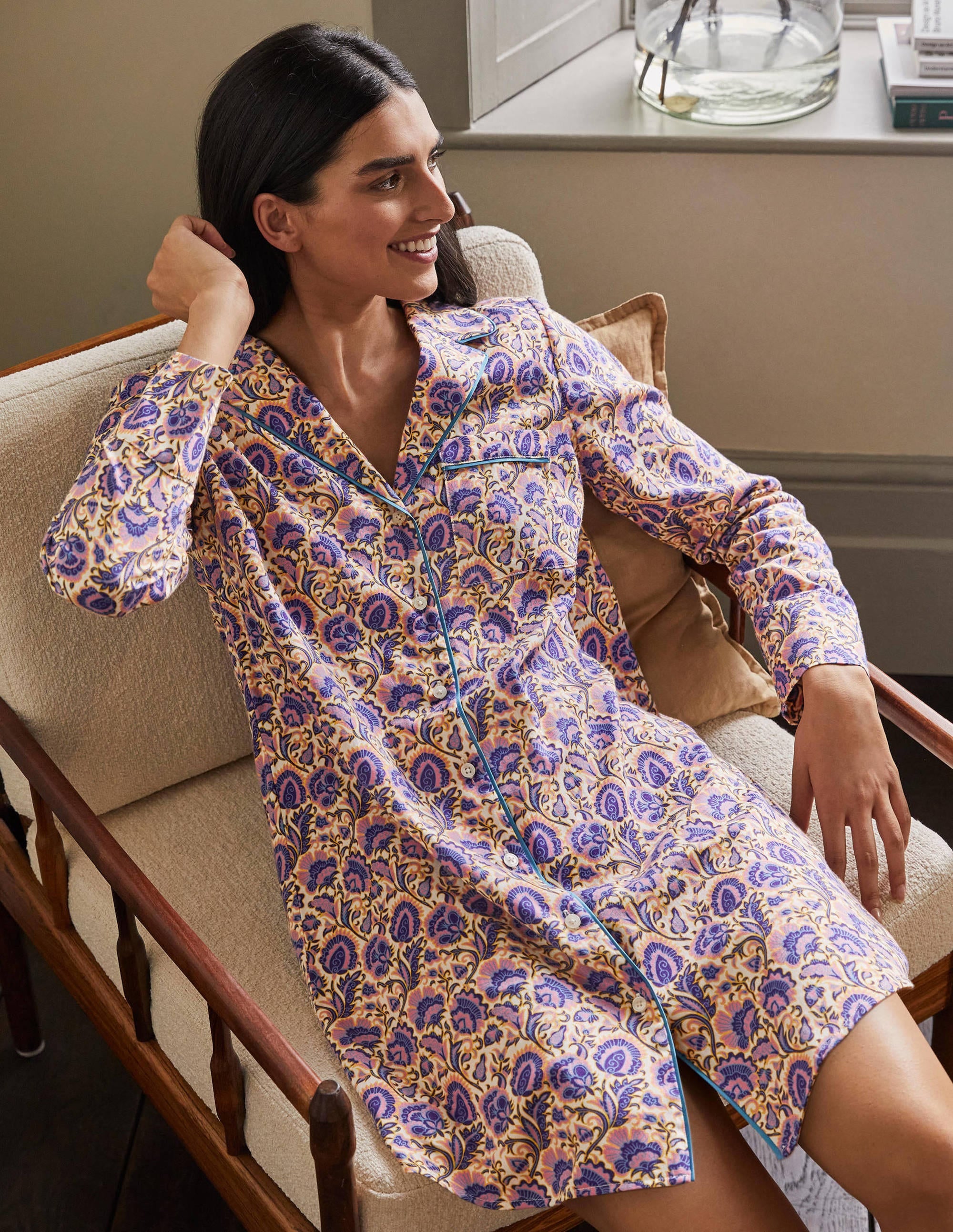 Janie Longline Pyjama Shirt-Ivory, Rich Floral - Image 4