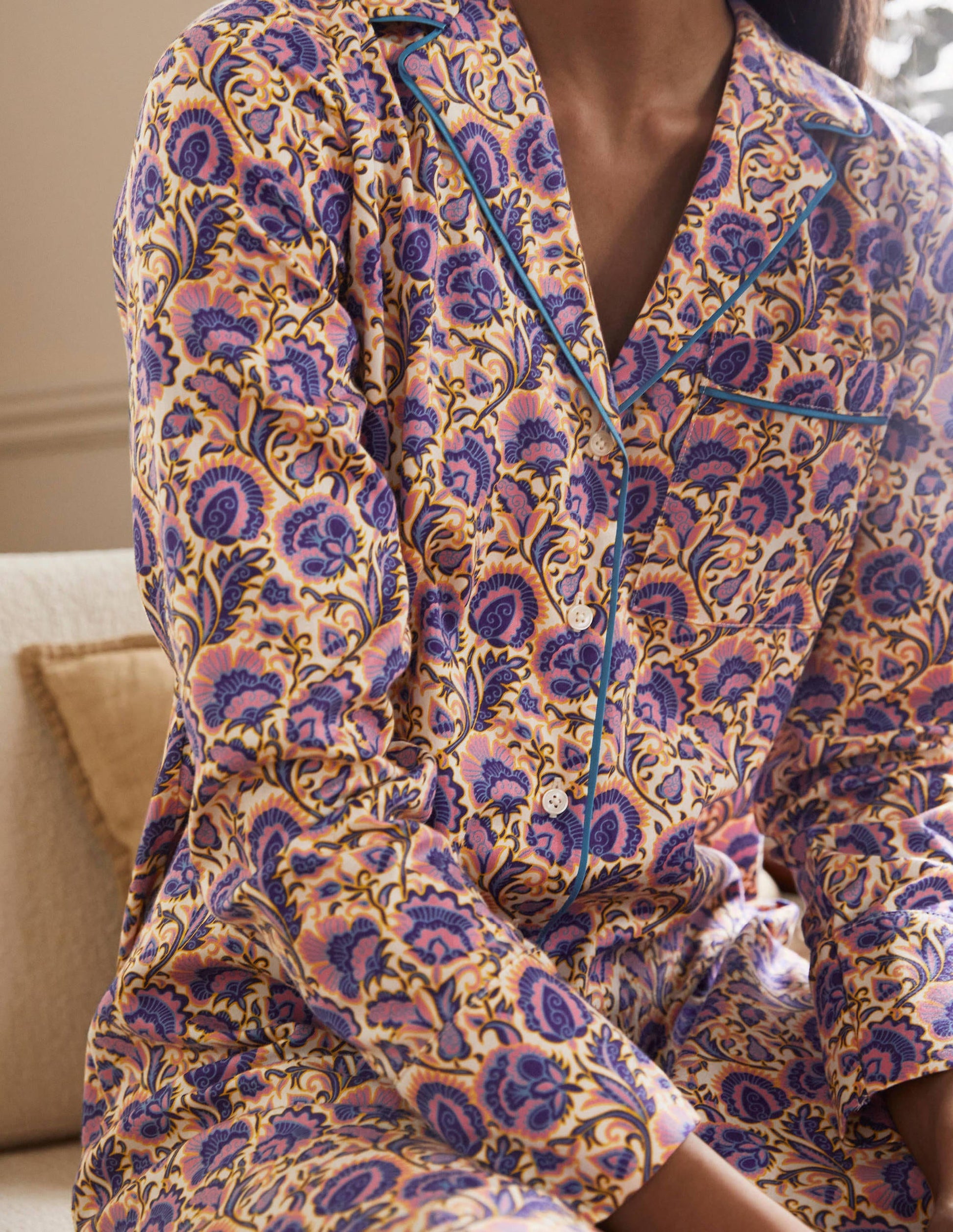 Janie Longline Pyjama Shirt-Ivory, Rich Floral-1