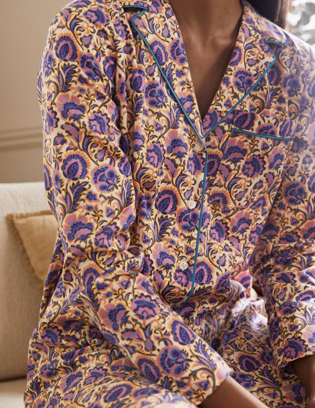 Janie Longline Pyjama Shirt-Ivory, Rich Floral - Image 1