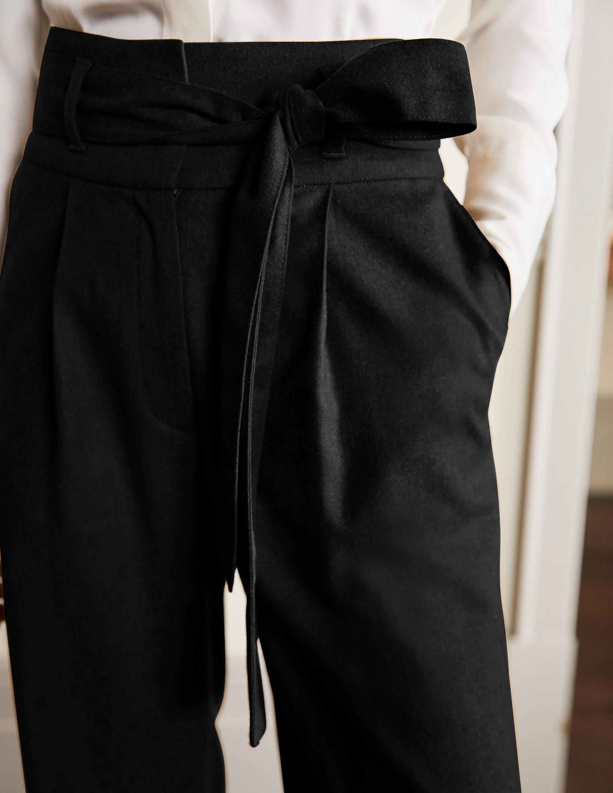 Tie Waist Wide Leg Trousers-Black - Image 2