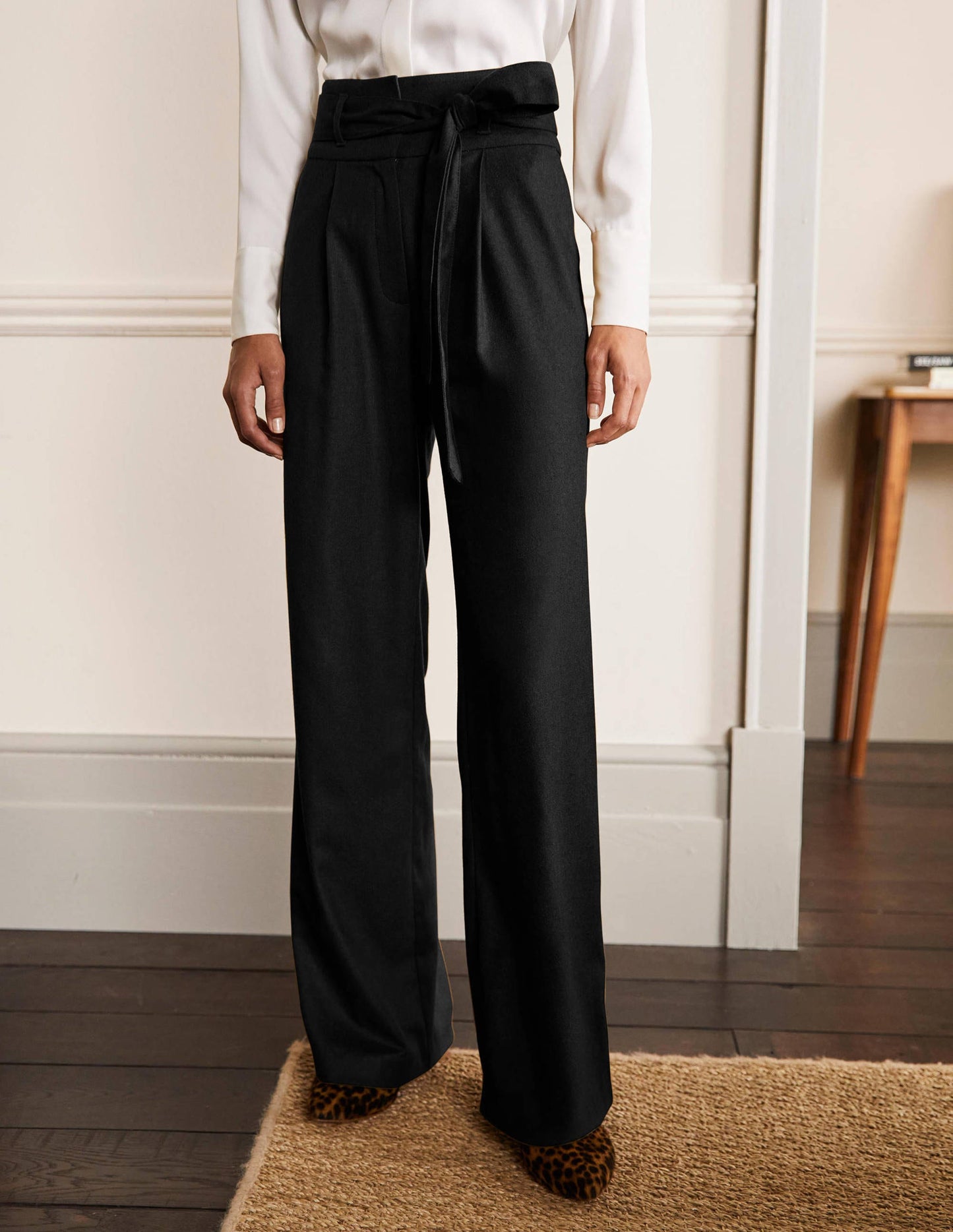 Tie Waist Wide Leg Trousers-Black