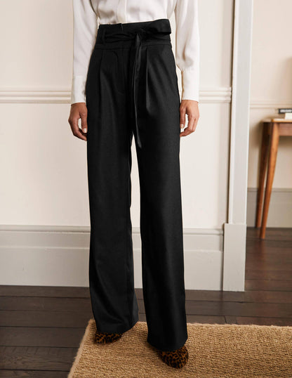 Tie Waist Wide Leg Trousers-Black-4