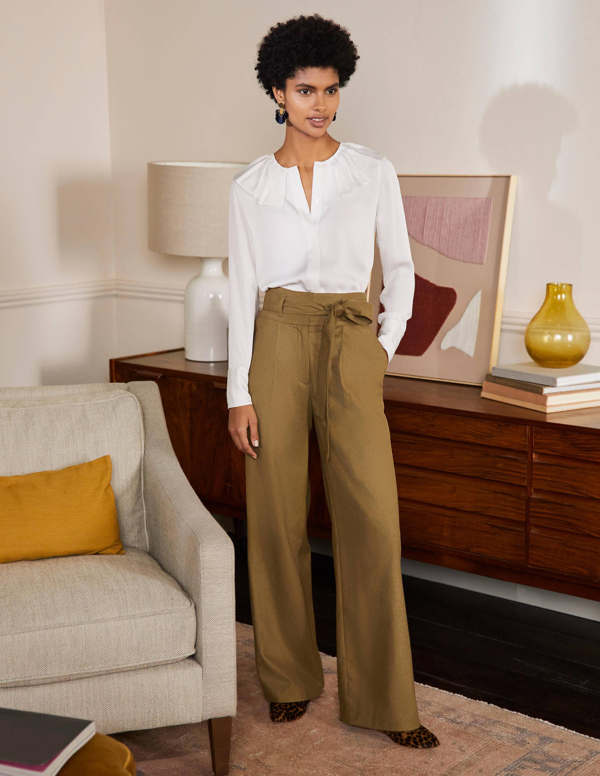 Tie Waist Wide Leg Trousers-Old Moss - Image 4