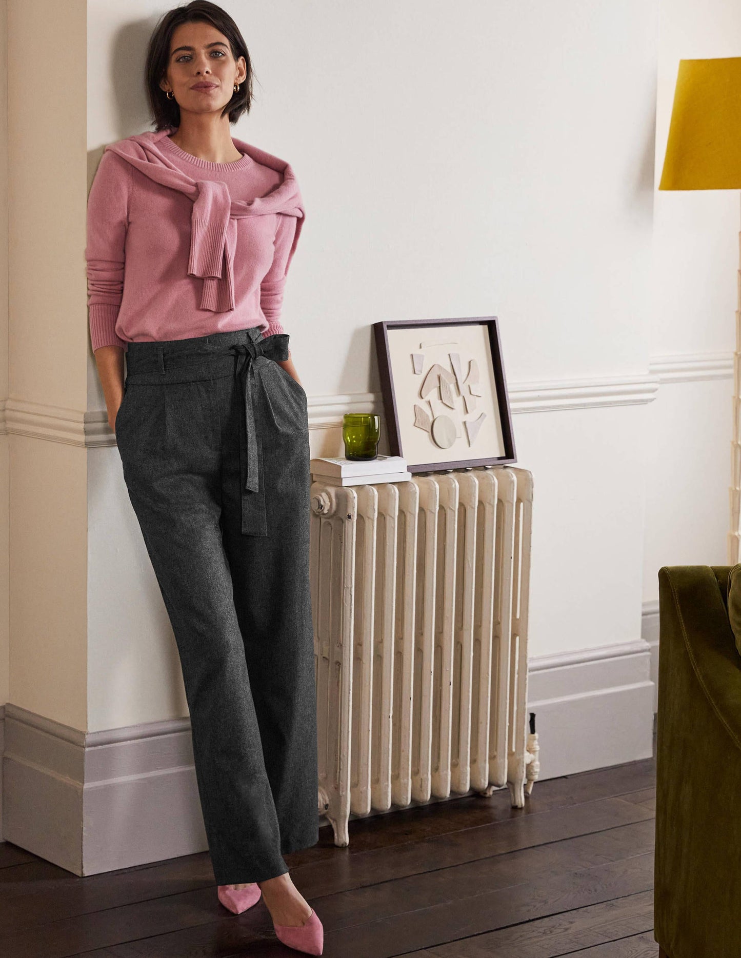 Tie Waist Wide Leg Trousers-Charcoal Marl