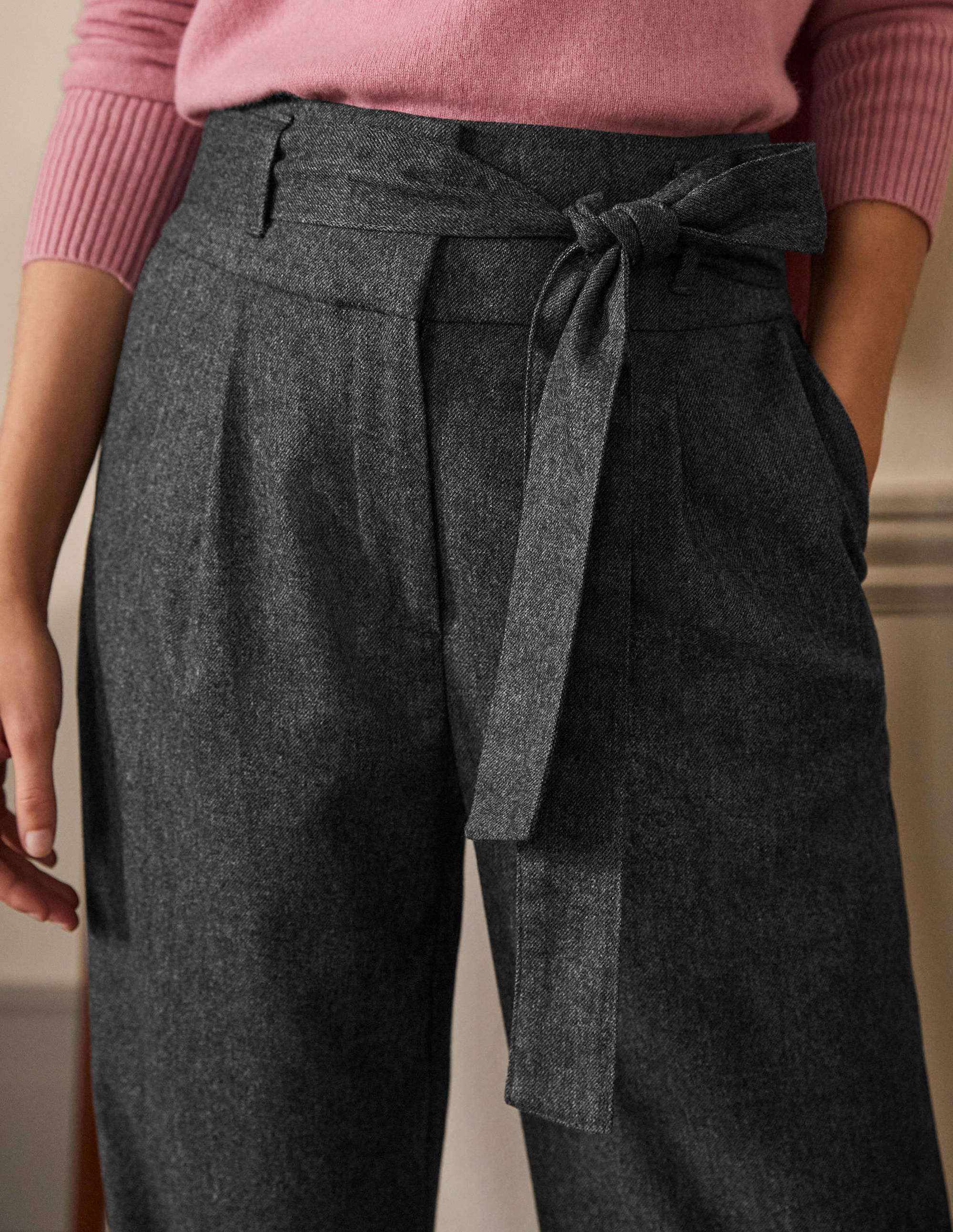 Tie Waist Wide Leg Trousers-Charcoal Marl - Image 2