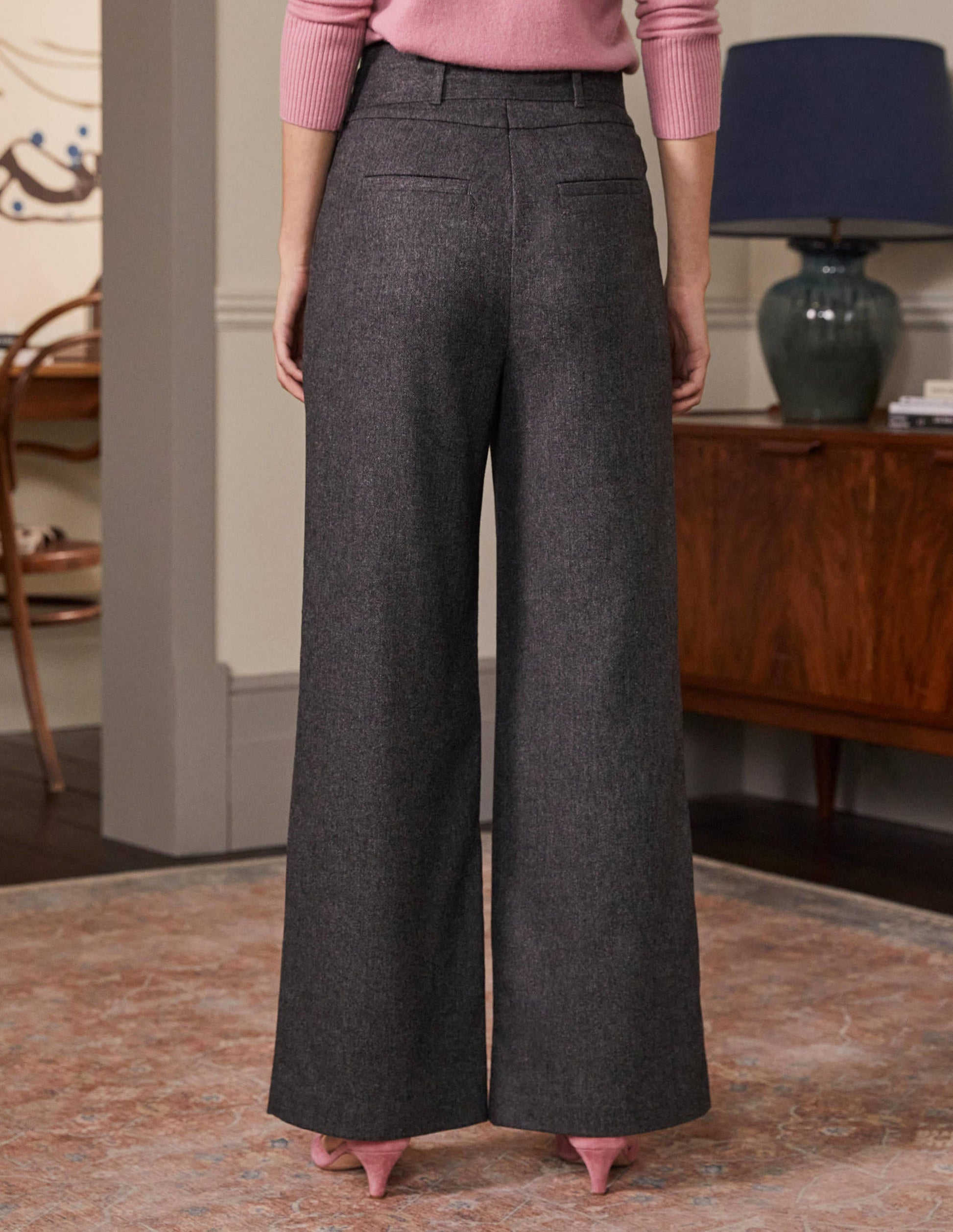Tie Waist Wide Leg Trousers-Charcoal Marl-3