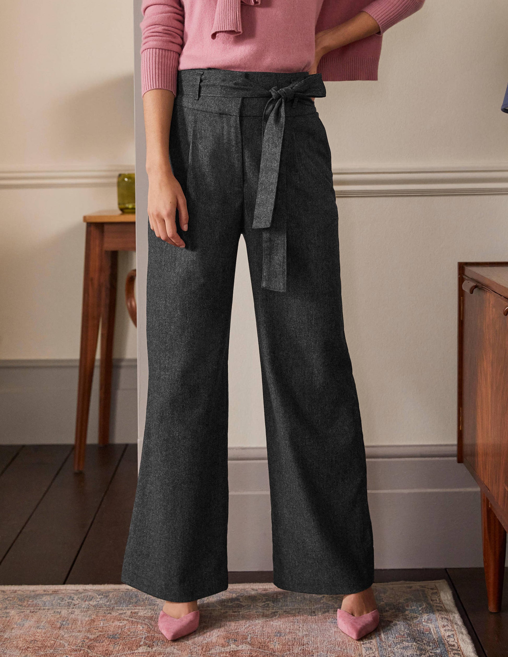 Tie Waist Wide Leg Trousers-Charcoal Marl-4