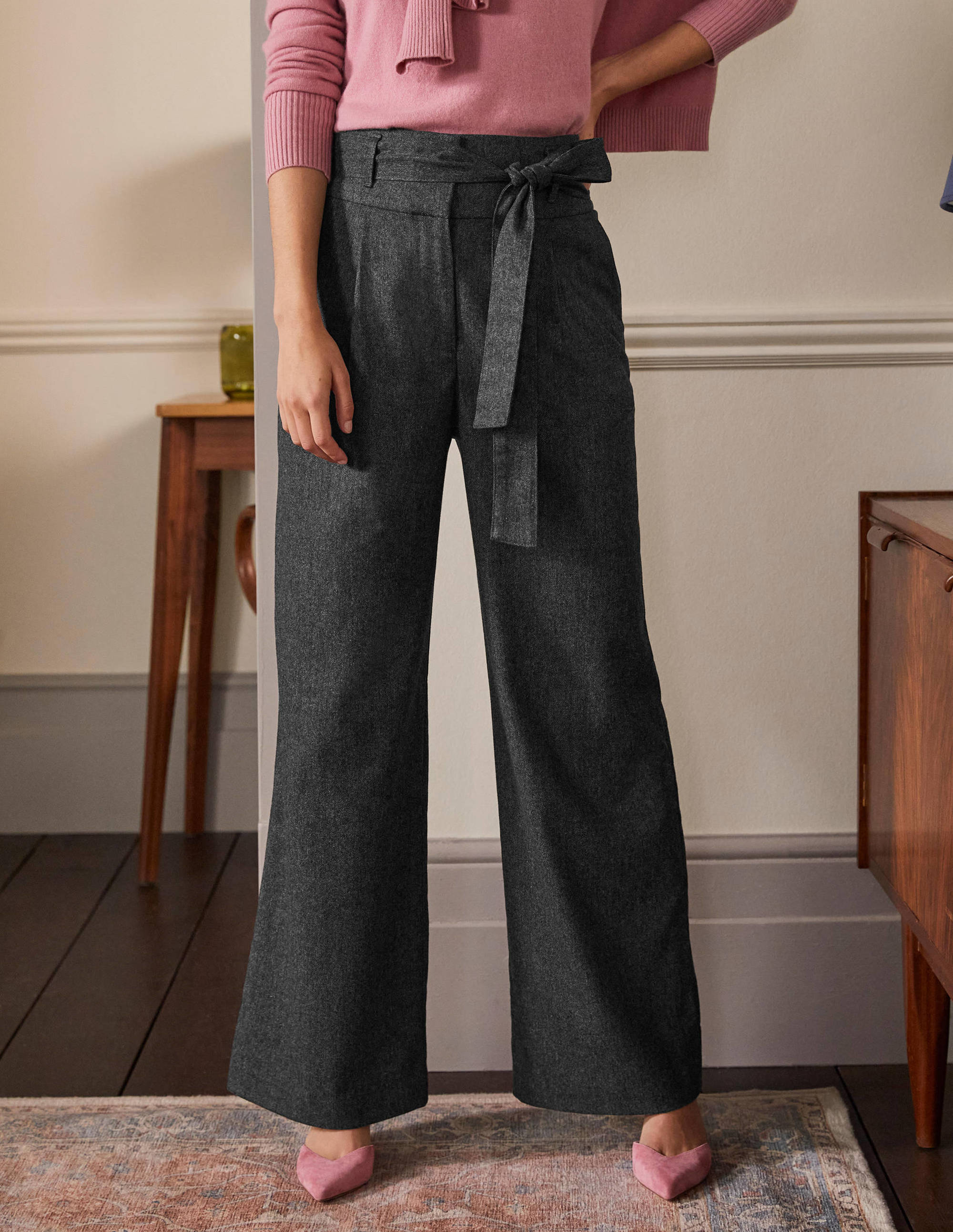 Tie Waist Wide Leg Trousers-Charcoal Marl - Image 4