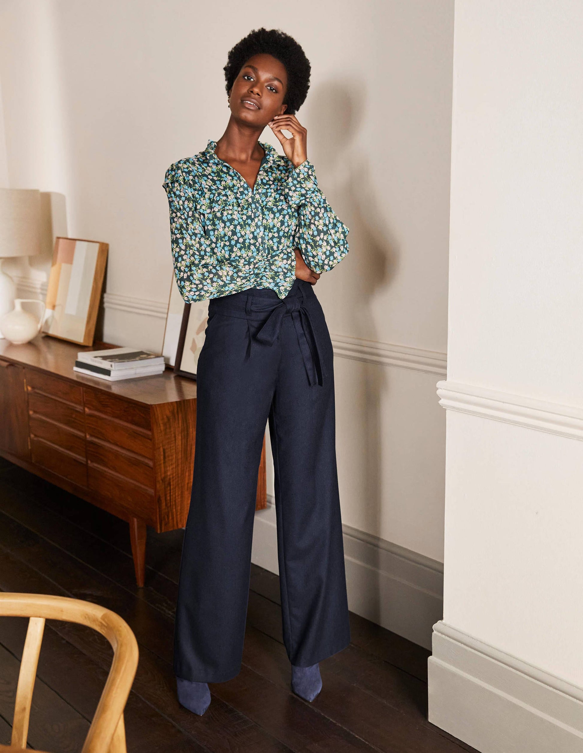 Tie Waist Wide Leg Trousers-Navy-4