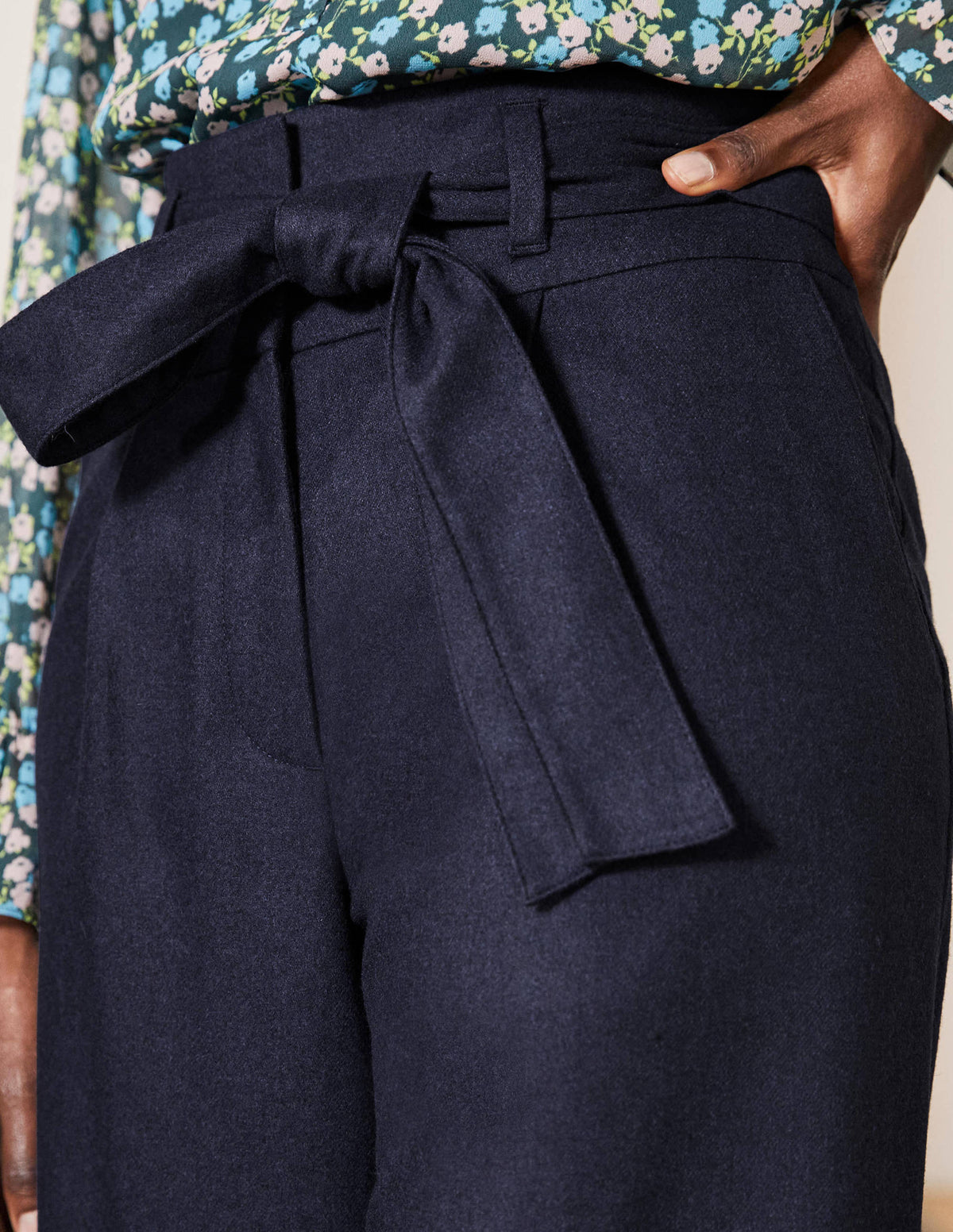 Tie Waist Wide Leg Trousers-Navy - Image 1