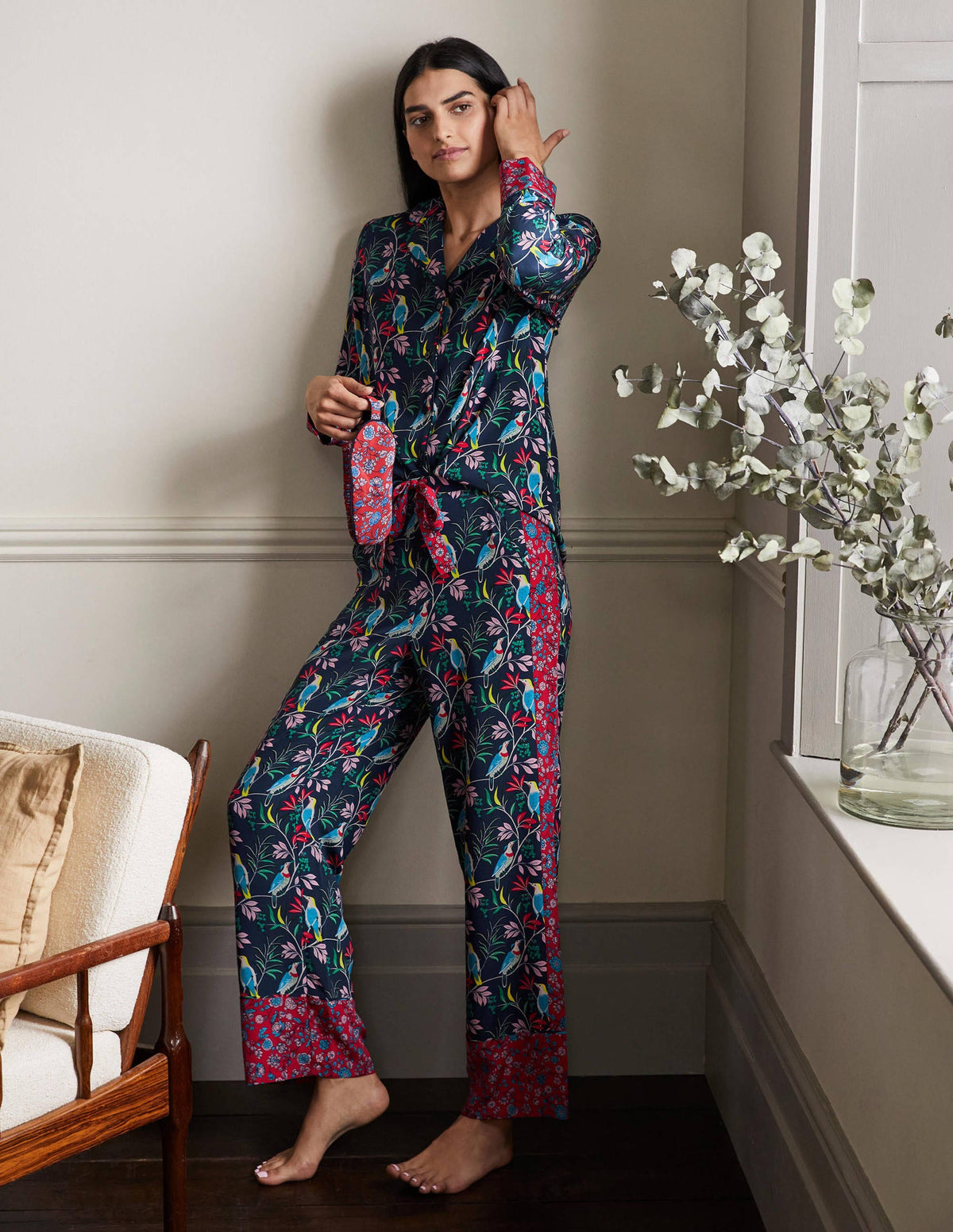 Silk Pyjama Set-Navy, Berry Bird-4
