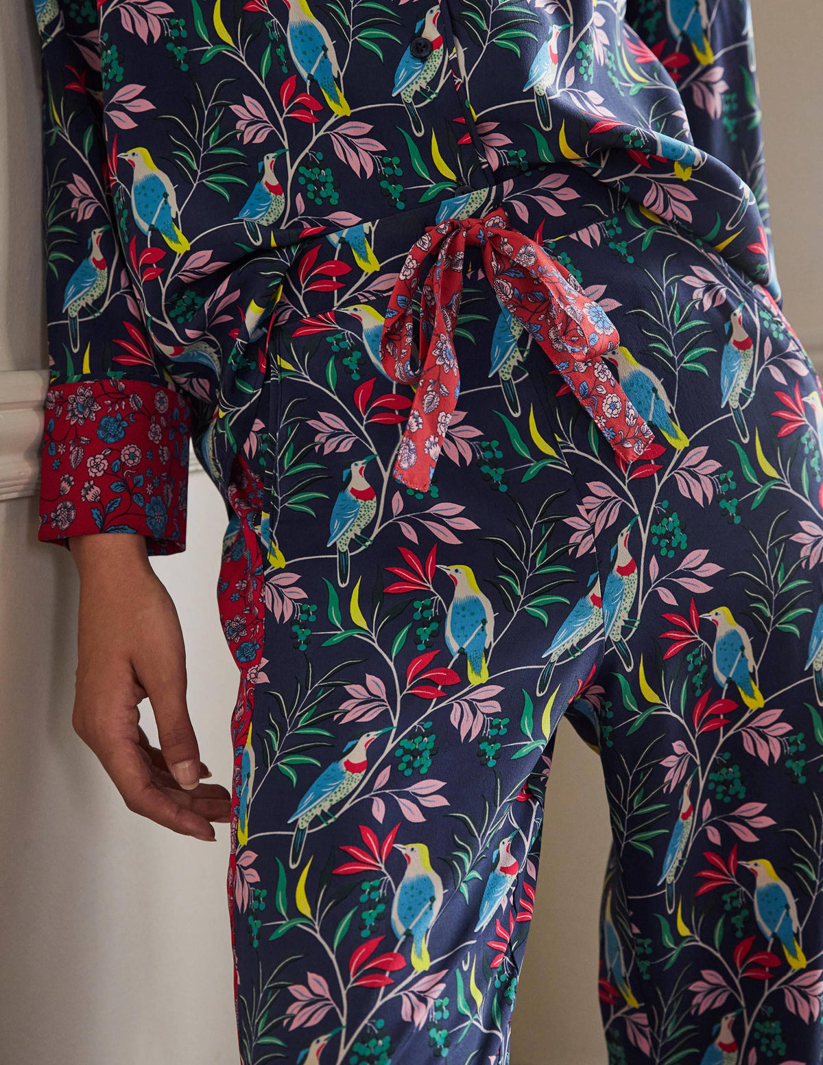 Silk Pyjama Set-Navy, Berry Bird-1