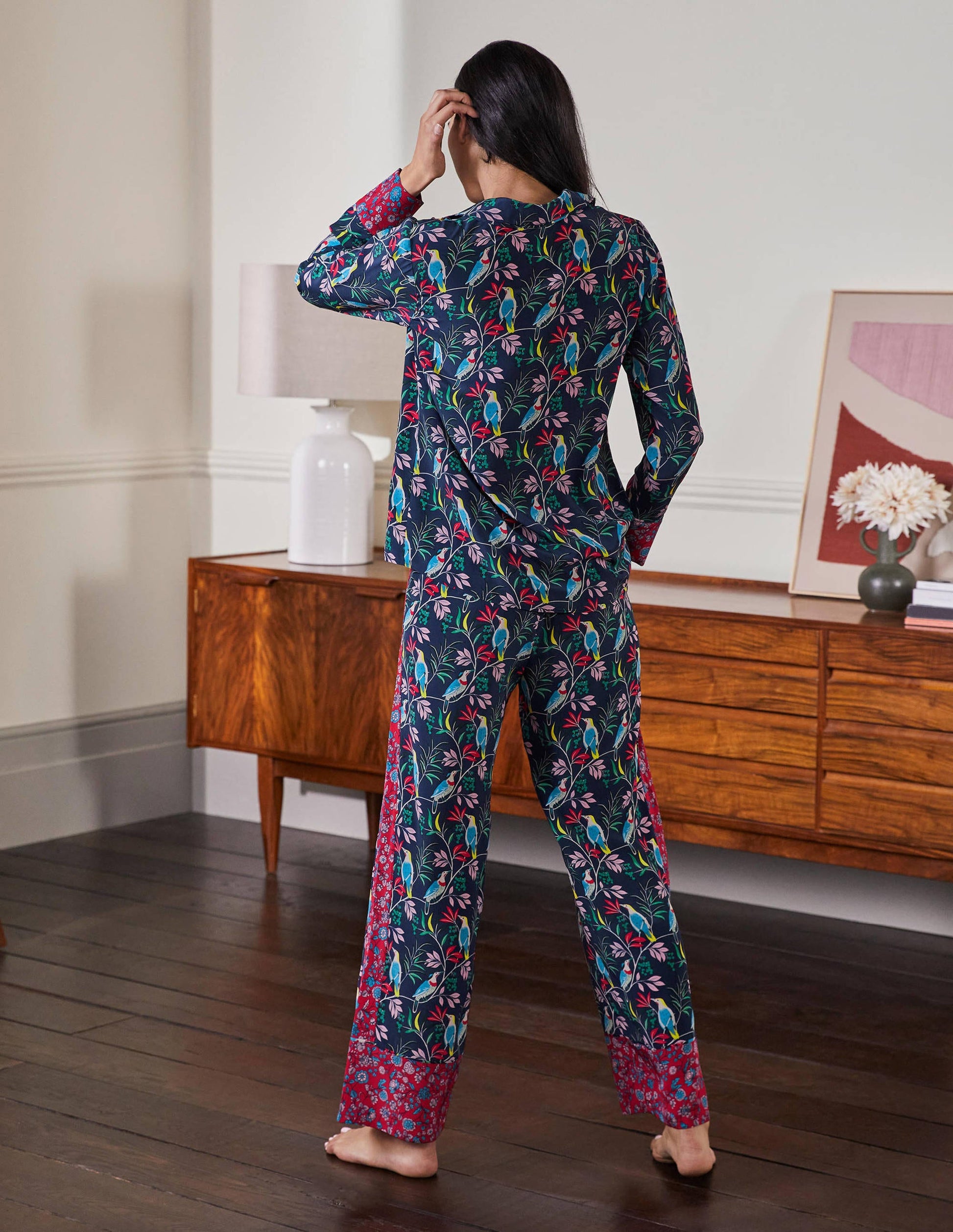 Silk Pyjama Set-Navy, Berry Bird-2