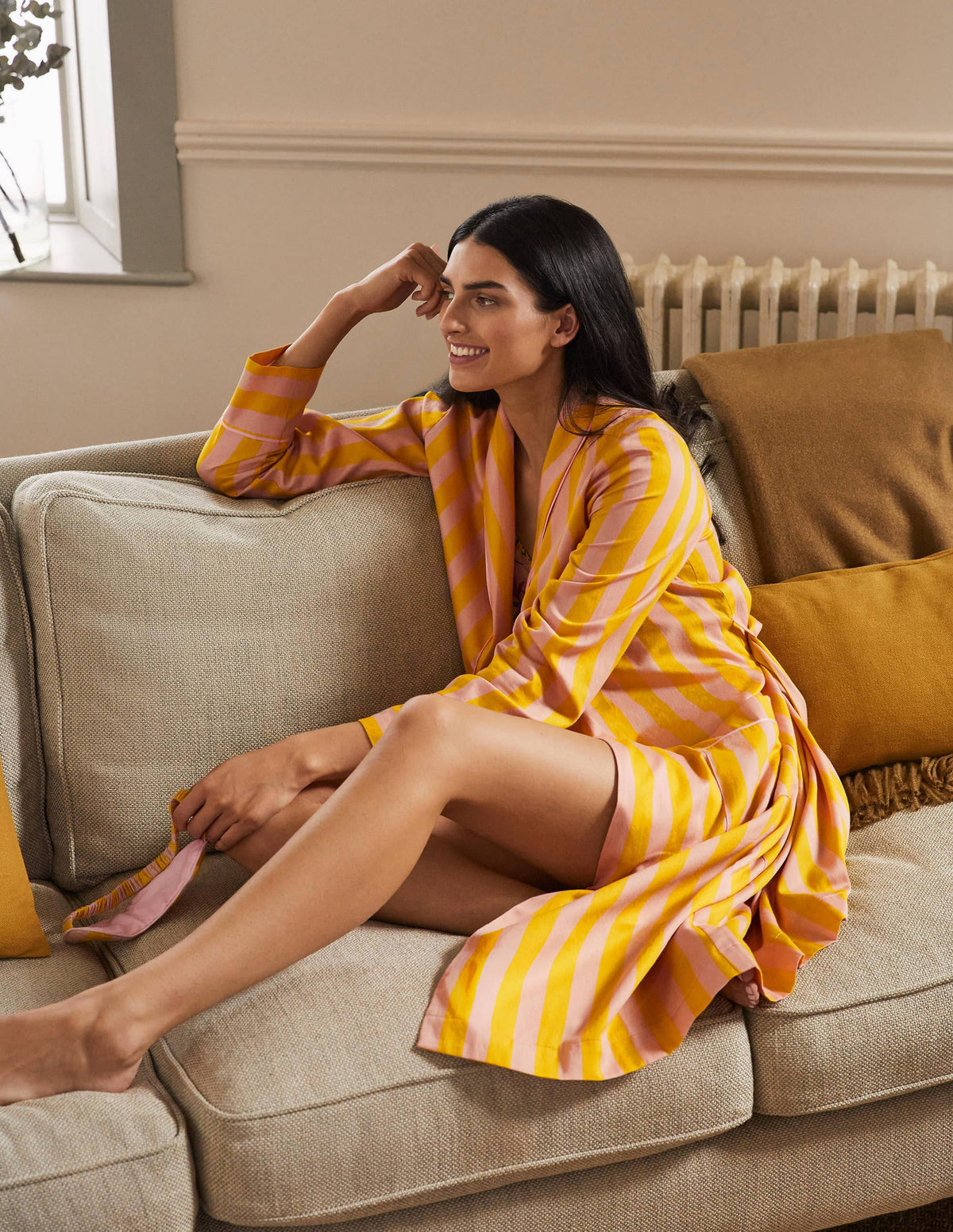 Cotton Dressing Gown-Milkshake and Wasp Stripe - Image 3
