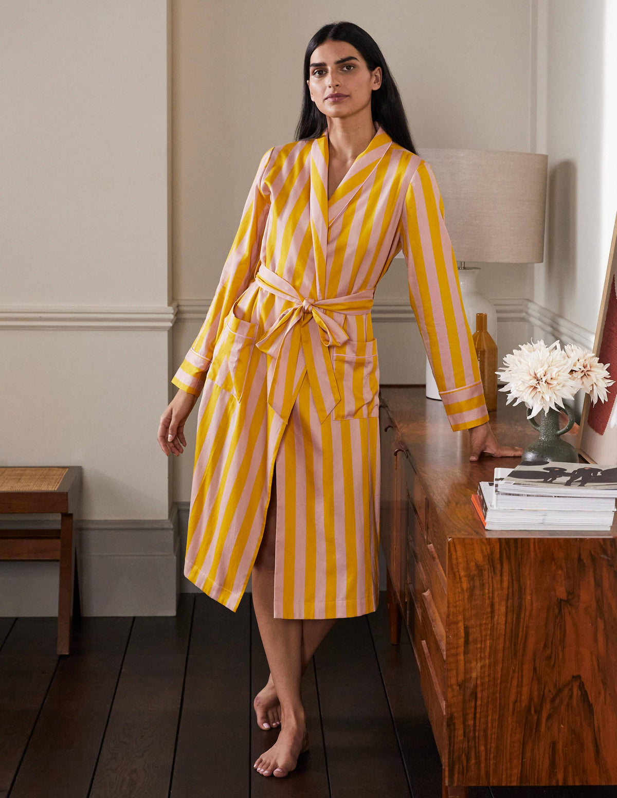 Cotton Dressing Gown-Milkshake and Wasp Stripe - Image 4