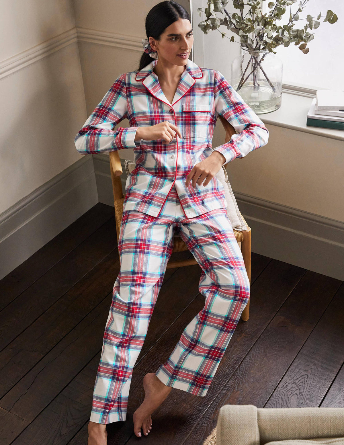 Vanessa Cosy Pyjama Set-Ivory and Rockabilly Red Check-4