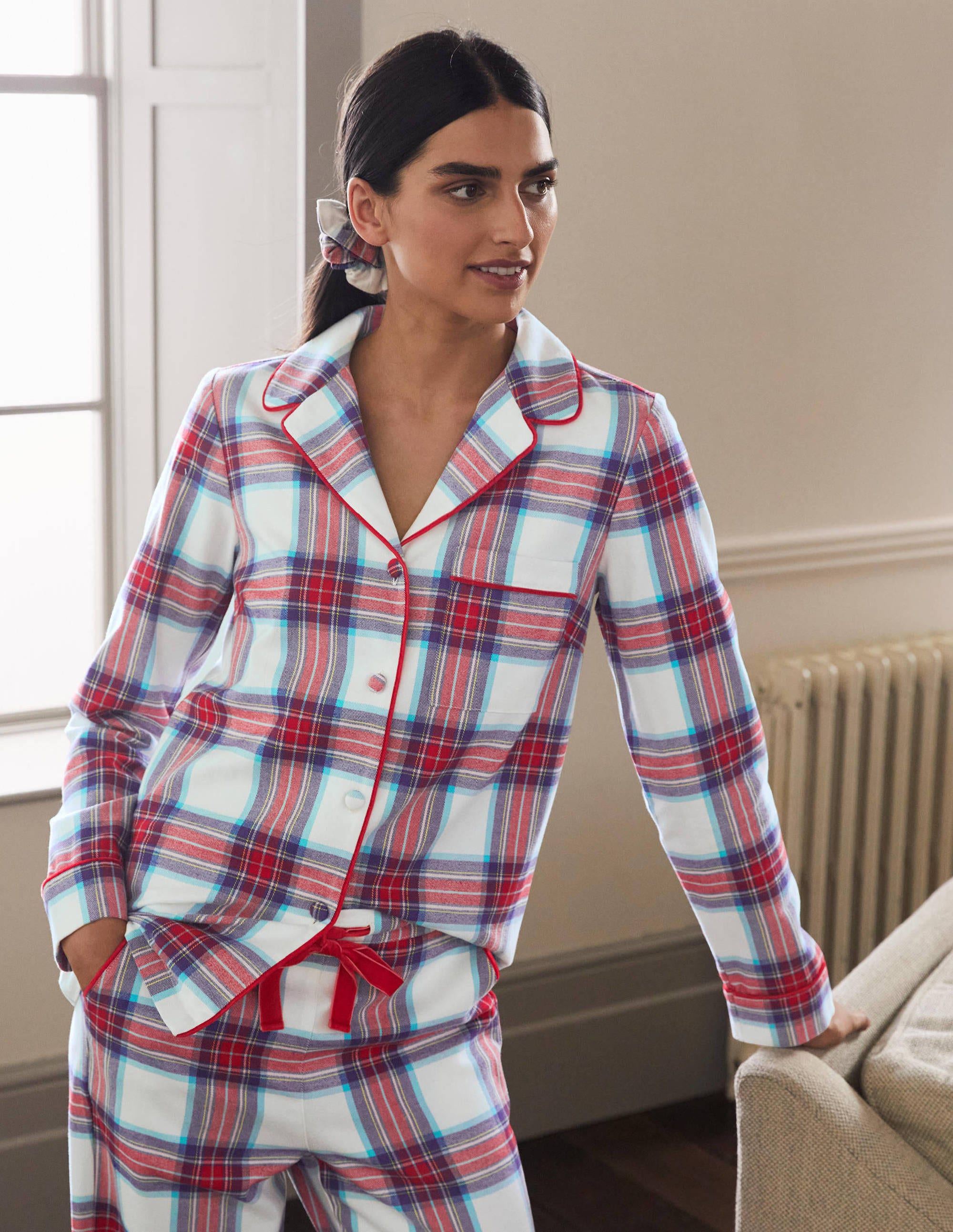 Vanessa Cosy Pyjama Set-Ivory and Rockabilly Red Check - Image 3