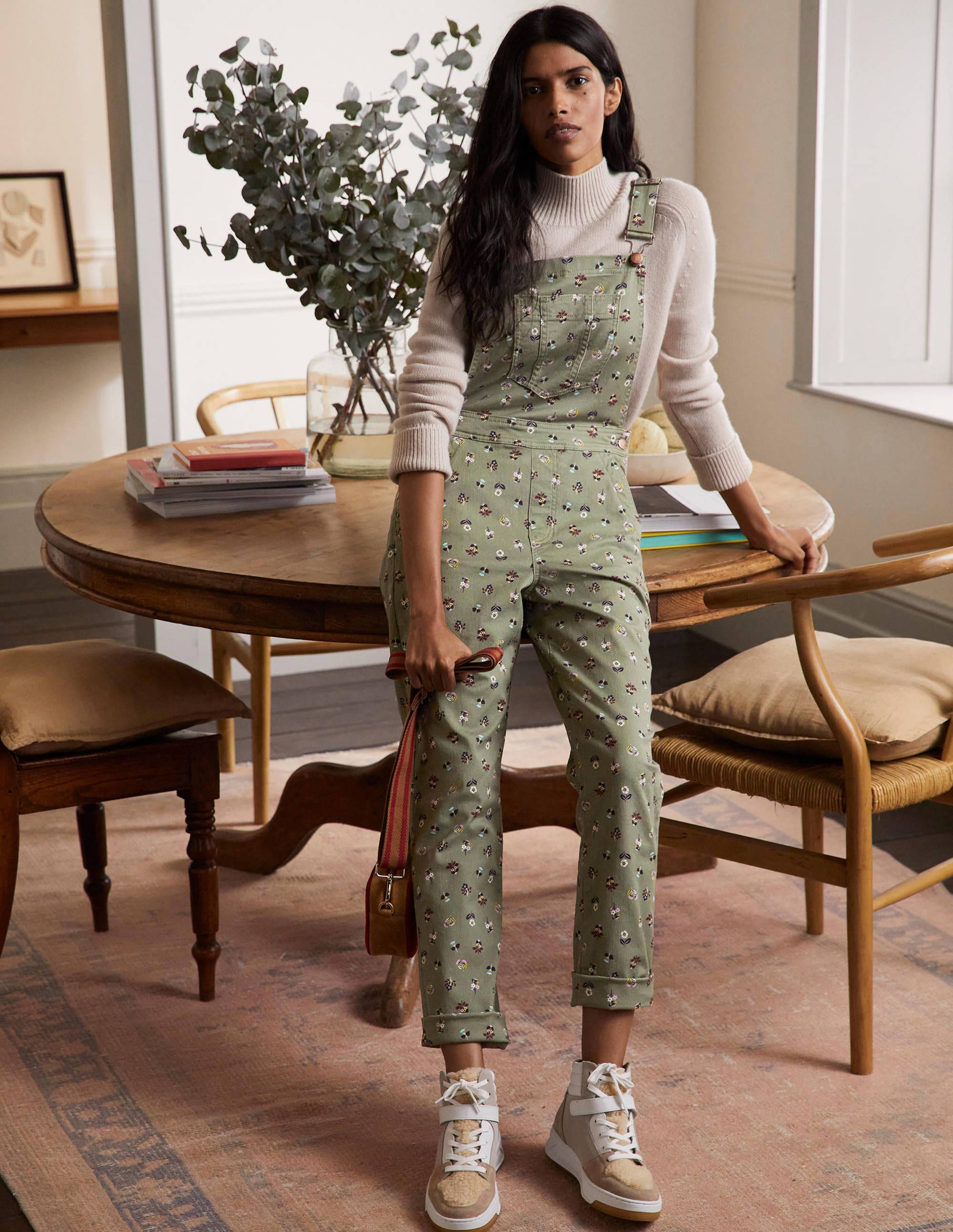 Girlfriend Dungarees-Pale Khaki, Dainty Floral - Image 4