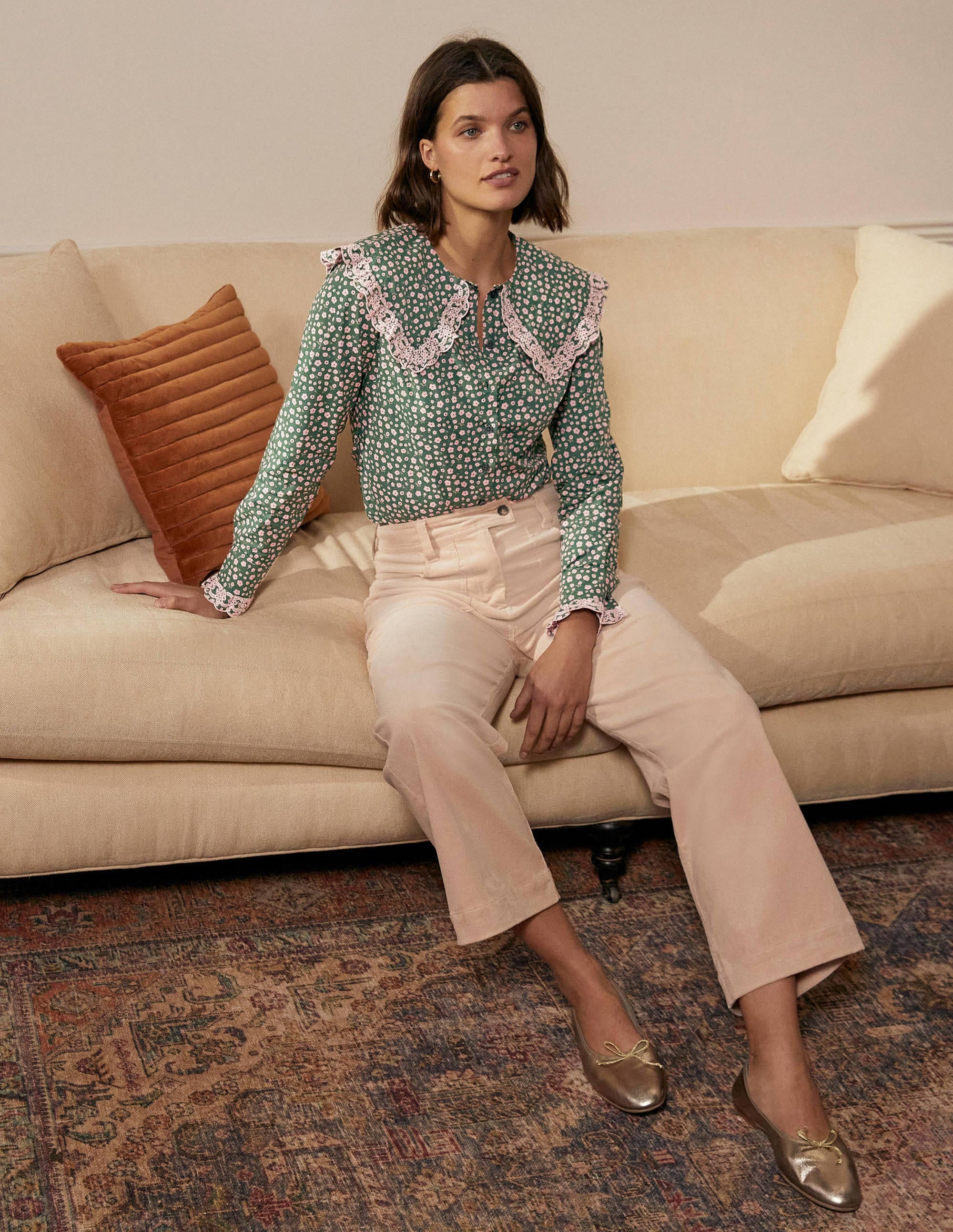 Statement Collar Cotton Shirt-Palm Leaf, Ditsy Daisy - Image 3