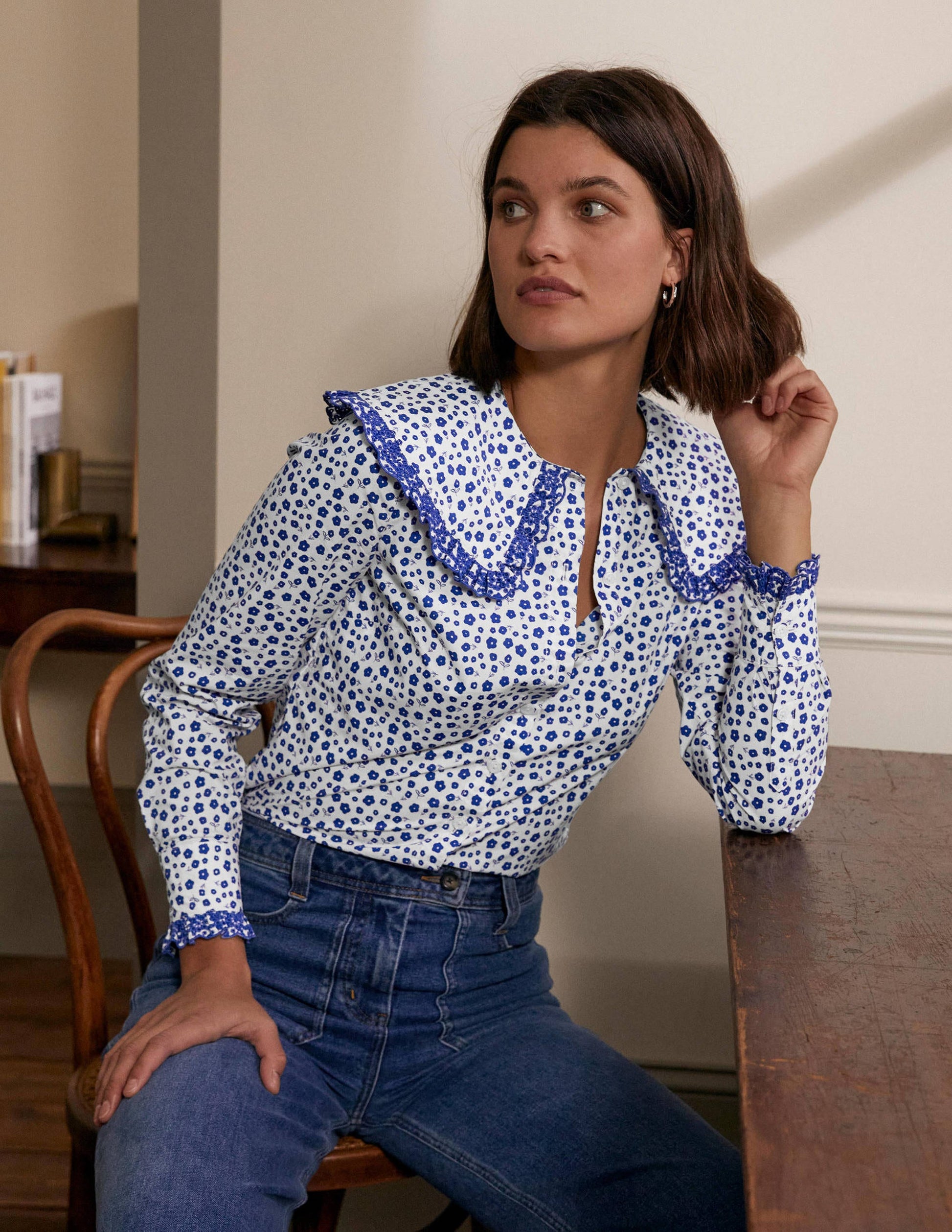 Statement Collar Cotton Shirt-Ivory, Ditsy Daisy-4