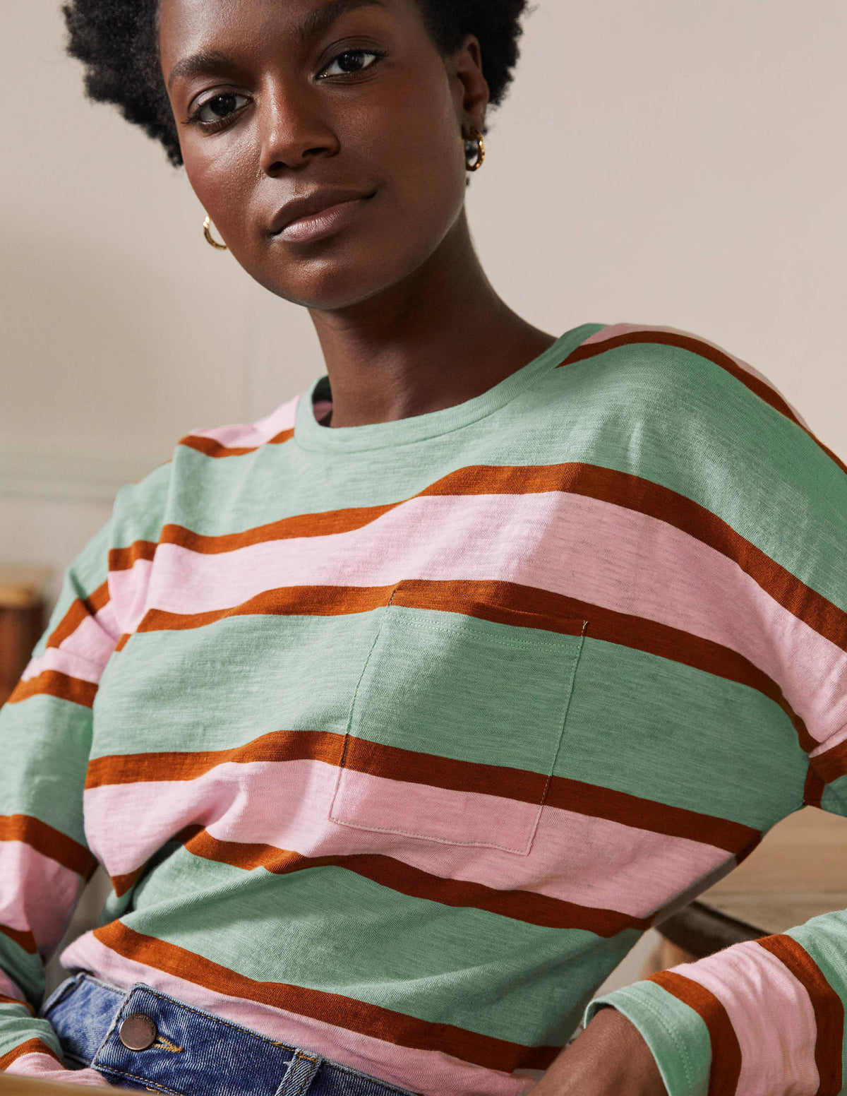 Boxy Jersey Tee-Duck Egg/ Coconut Stripe - Image 1