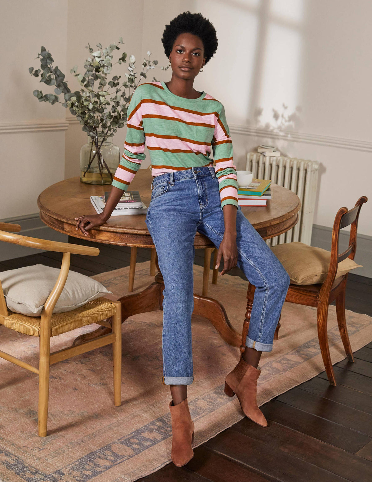 Boxy Jersey Tee-Duck Egg/ Coconut Stripe - Image 3