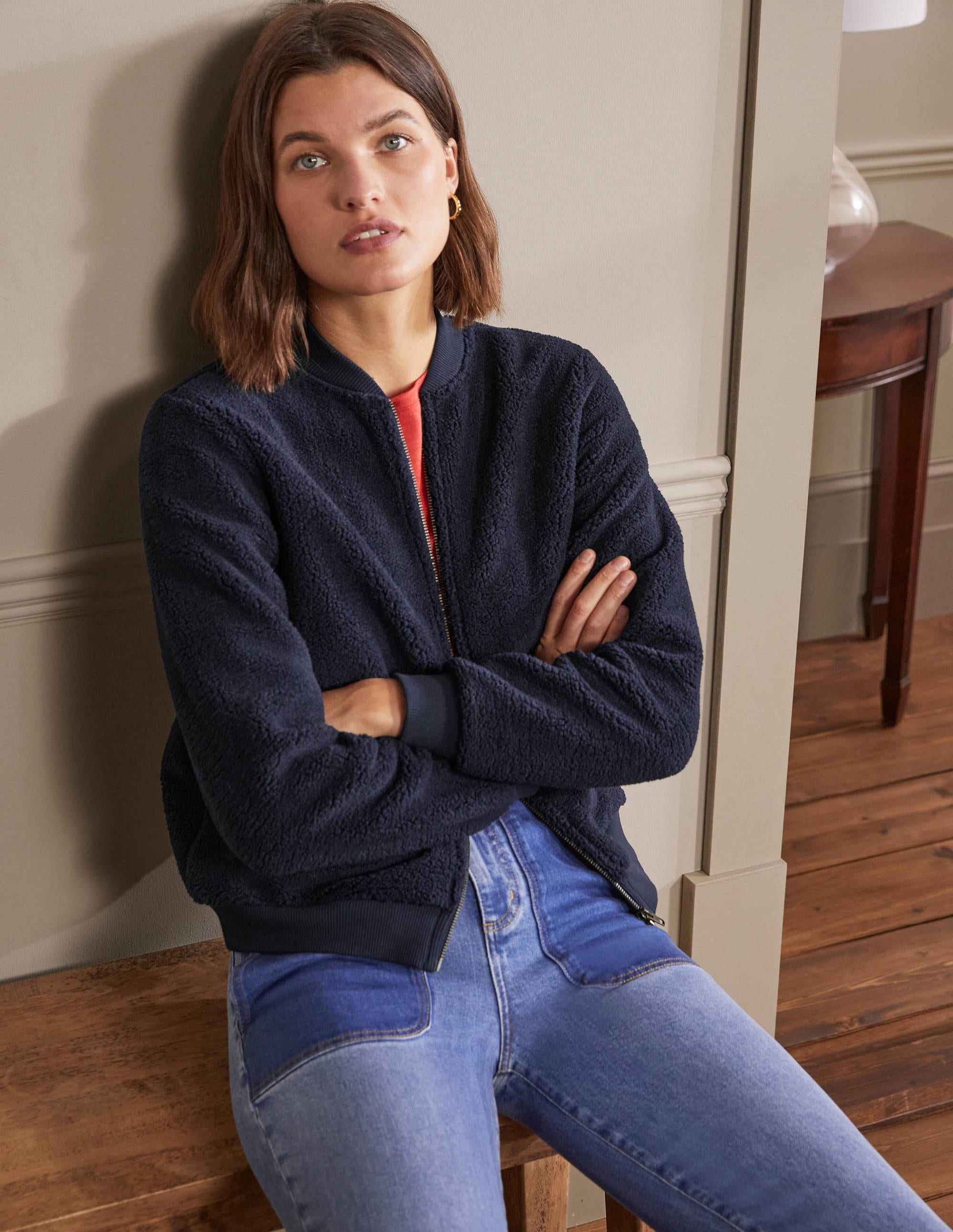 Teddy Zip-Through Jacket-Navy - Image 4