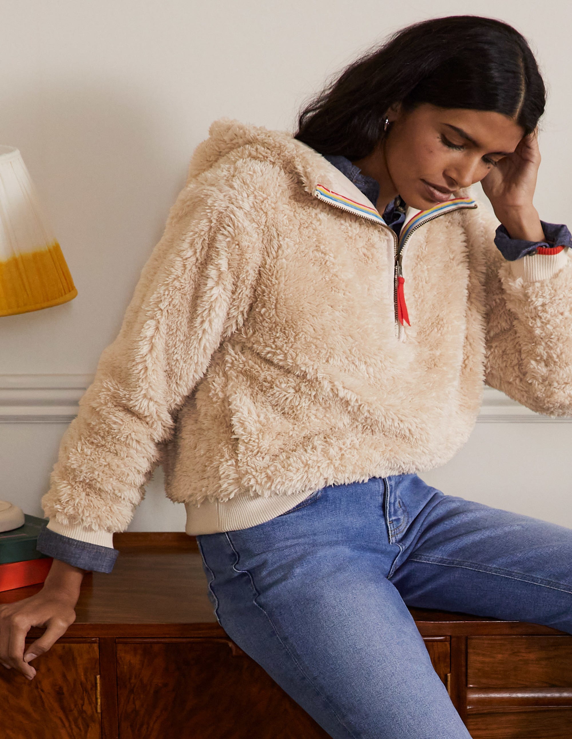 Teddy Half-Zip Hoodie-Ecru - Image 4