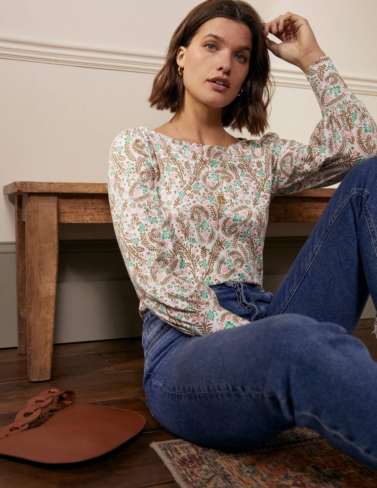 Blouson Jersey Top-Ivory, Floral Paisley-5