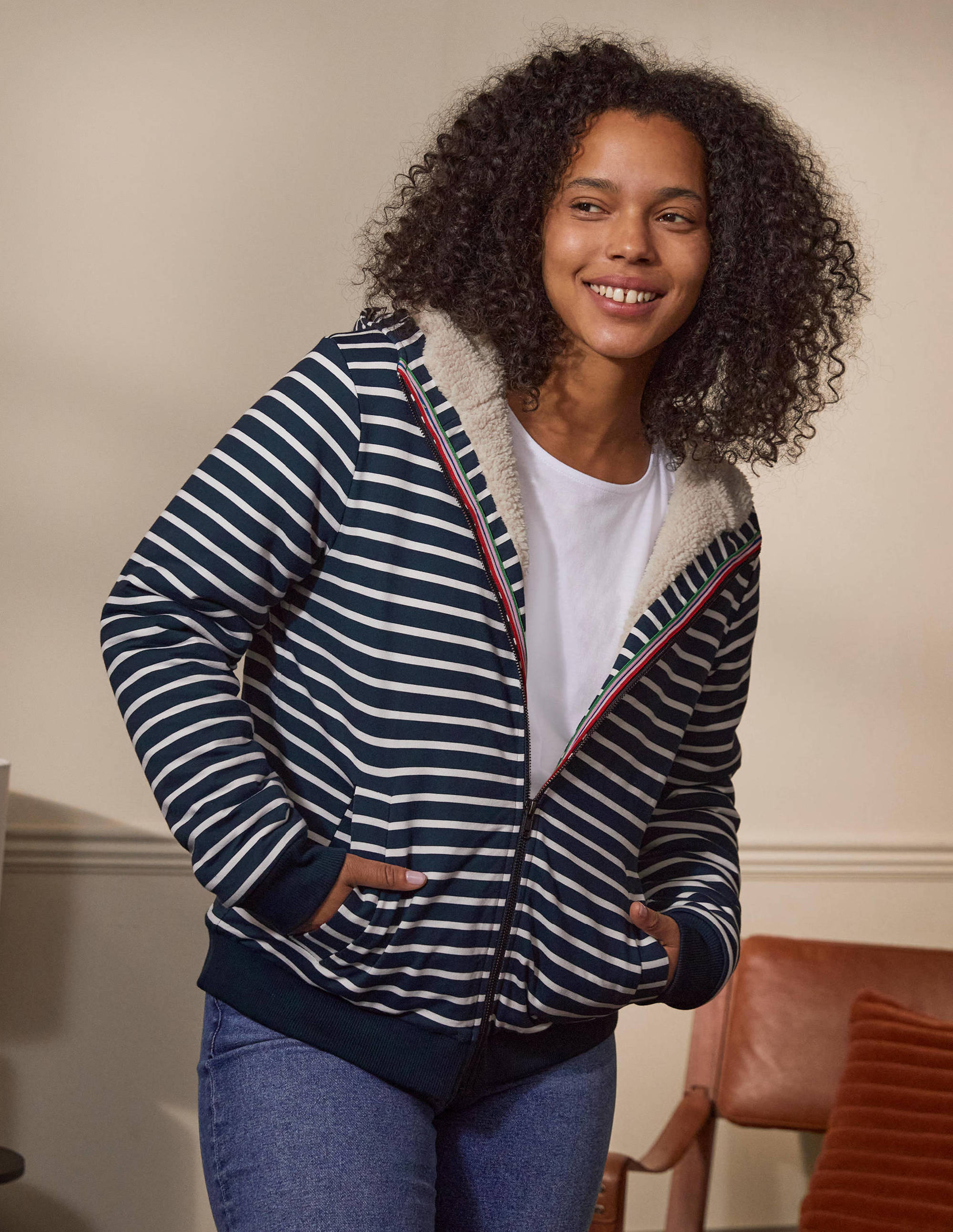 Teddy Lined Zip Through-Navy/ Ivory - Image 3