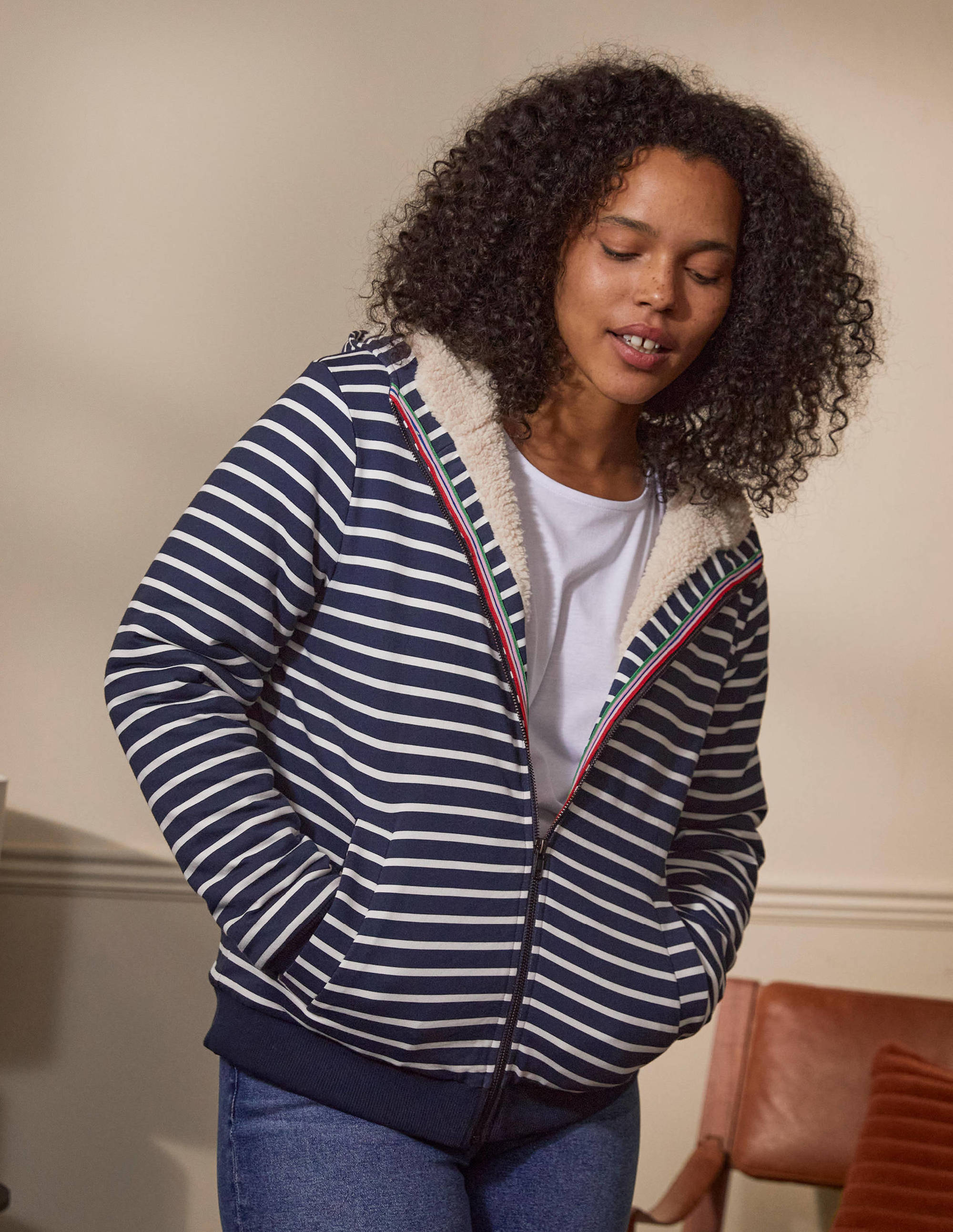 Teddy Lined Zip Through-Navy/ Ivory - Image 4