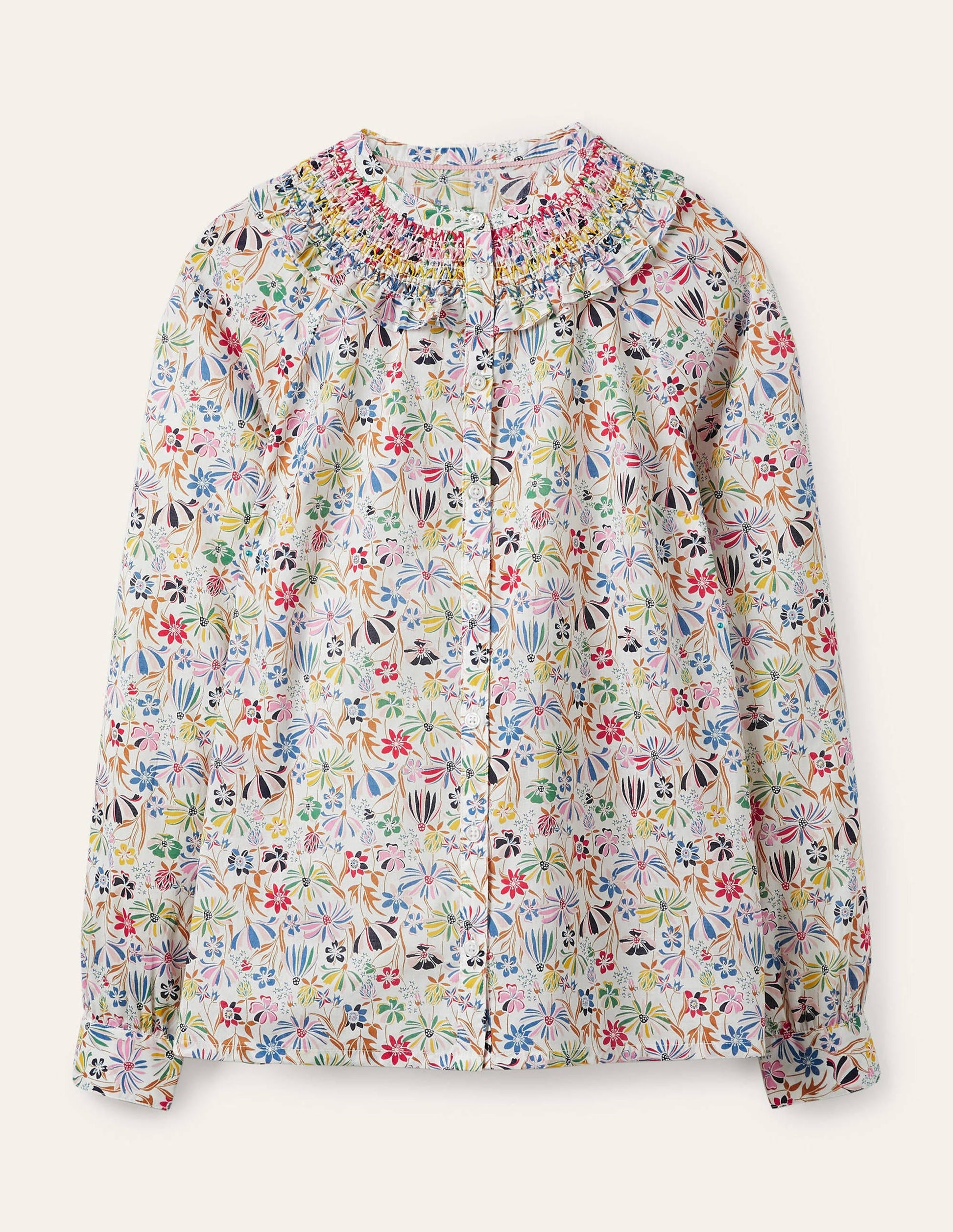 Leandra Smocked Cotton Shirt-Ivory, Wild Dandelion-7