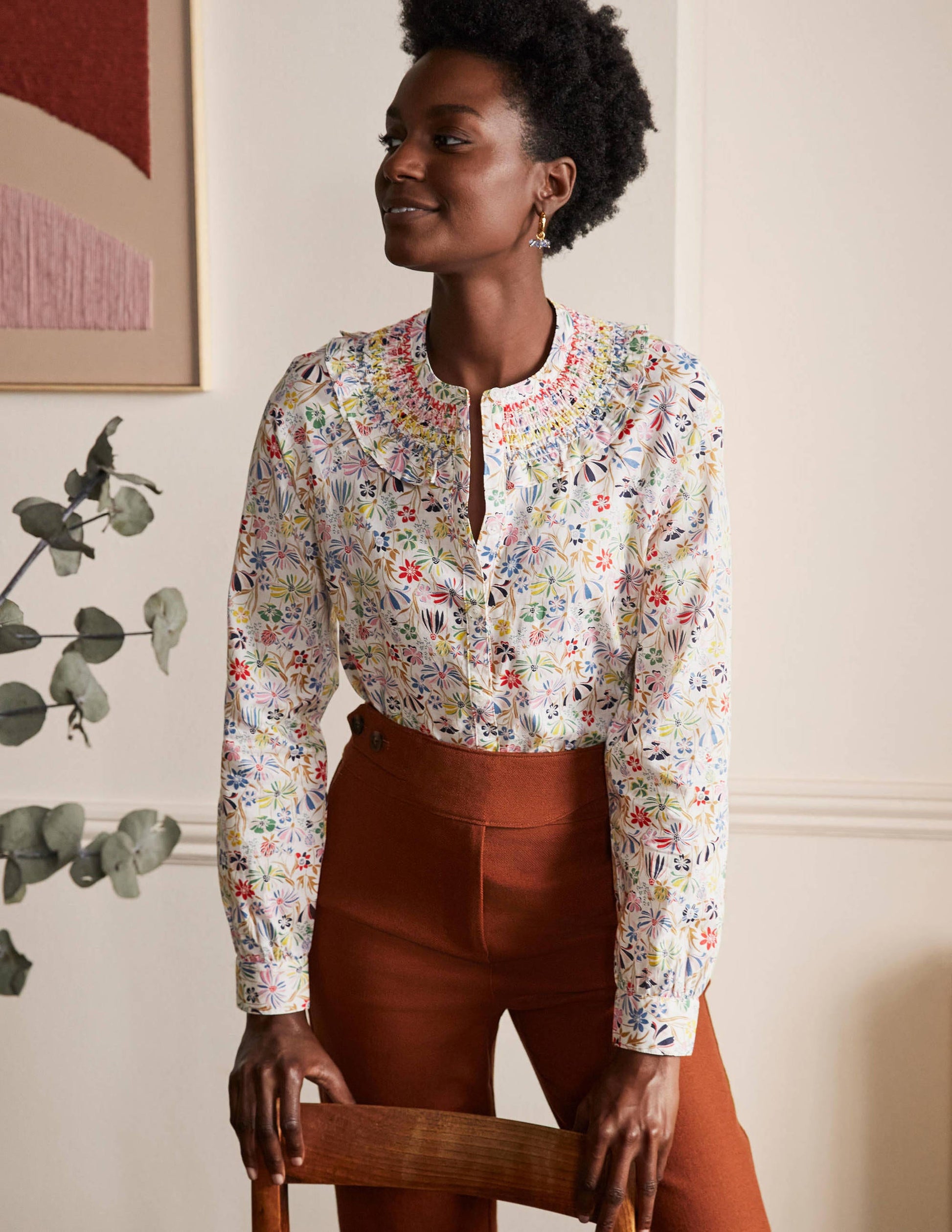 Leandra Smocked Cotton Shirt-Ivory, Wild Dandelion-5