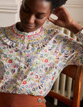Leandra Smocked Cotton Shirt-Ivory, Wild Dandelion