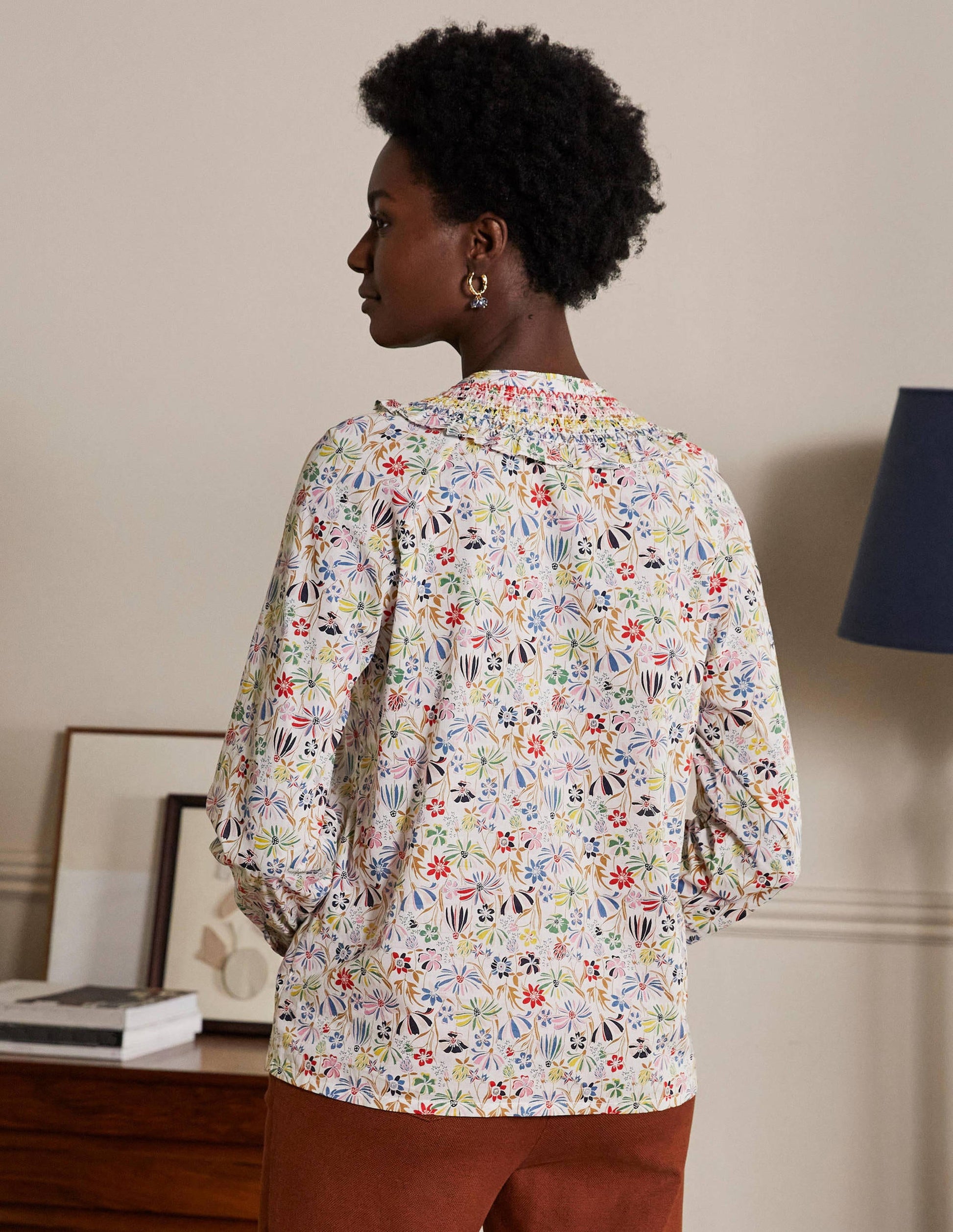 Leandra Smocked Cotton Shirt-Ivory, Wild Dandelion-2