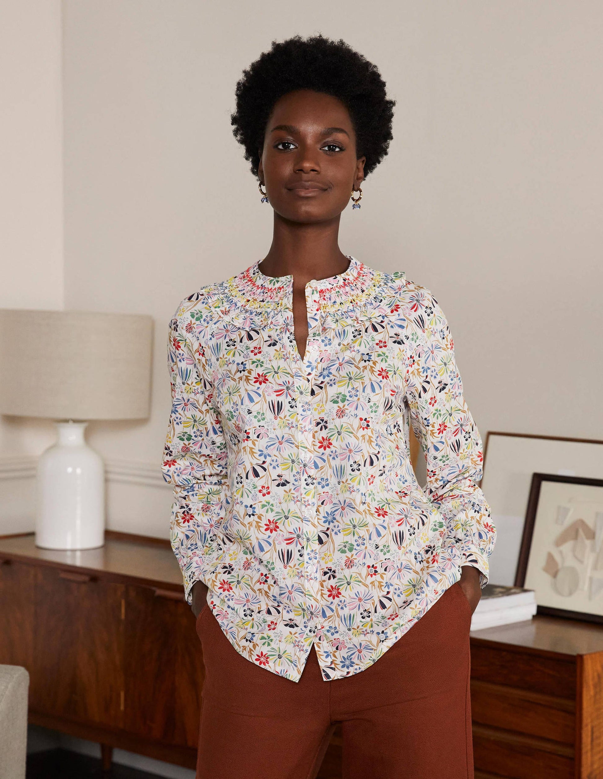 Leandra Smocked Cotton Shirt-Ivory, Wild Dandelion-4