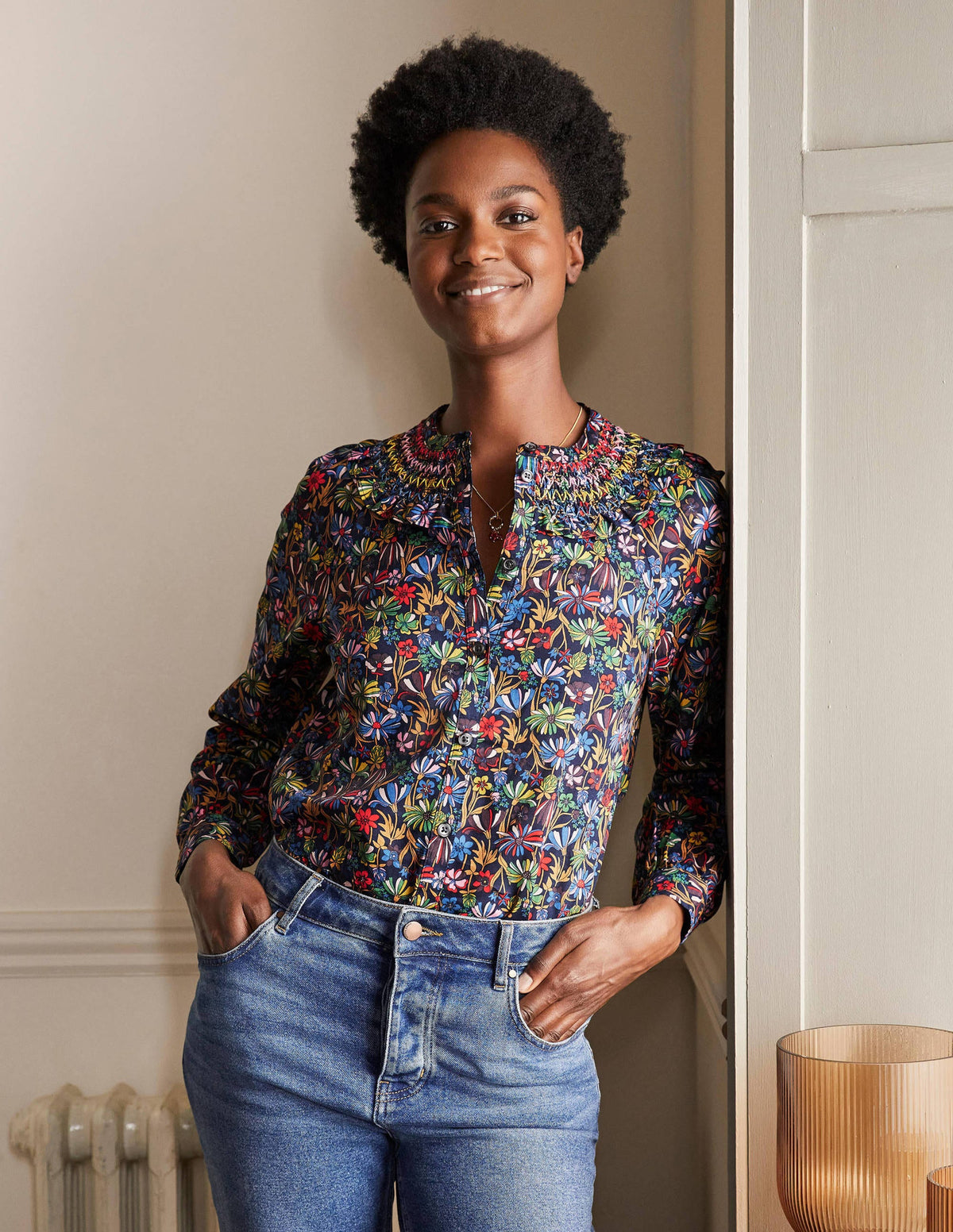 Leandra Smocked Cotton Shirt-Navy, Wild Dandelion - Image 4