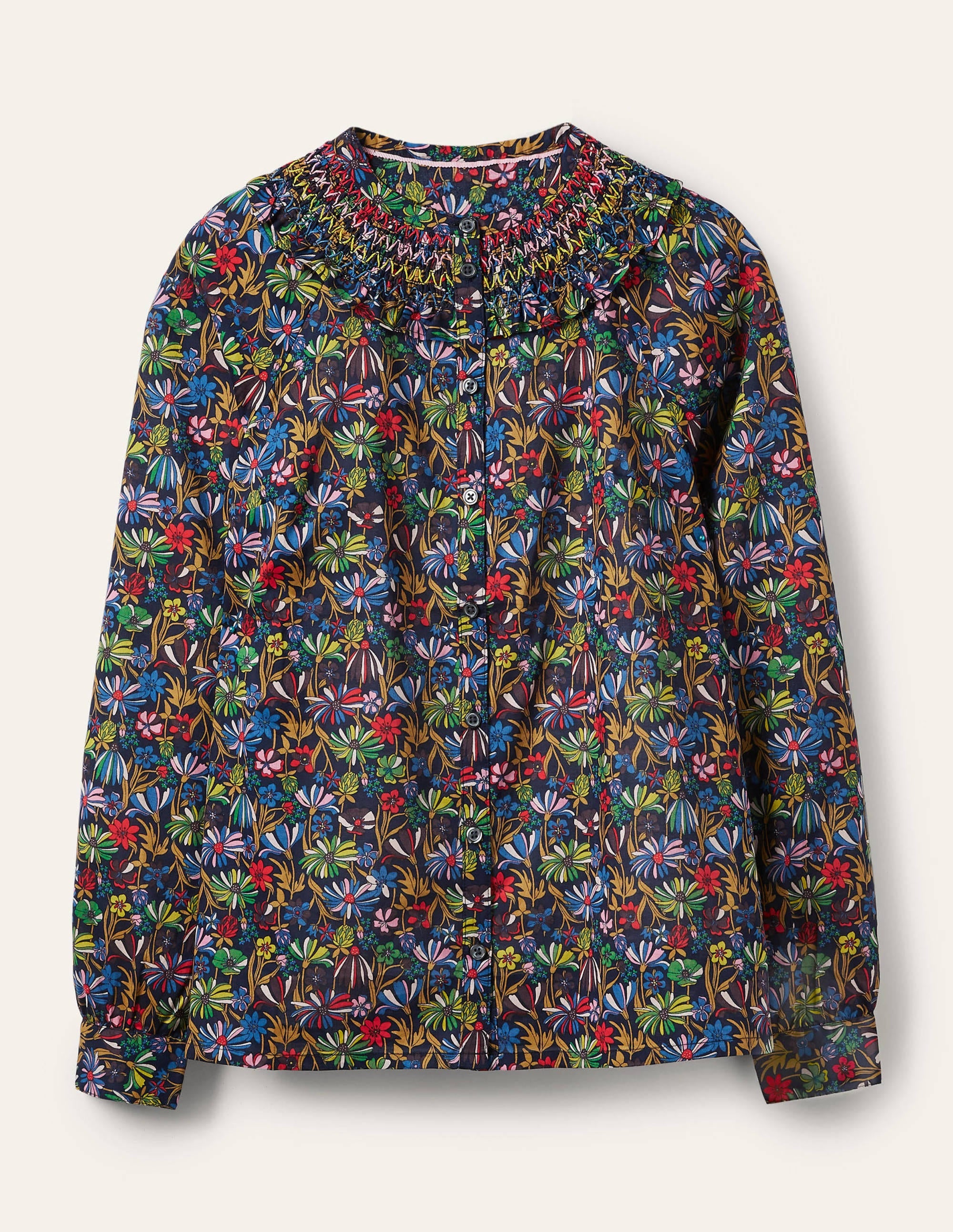 Leandra Smocked Cotton Shirt-Navy, Wild Dandelion - Image 5