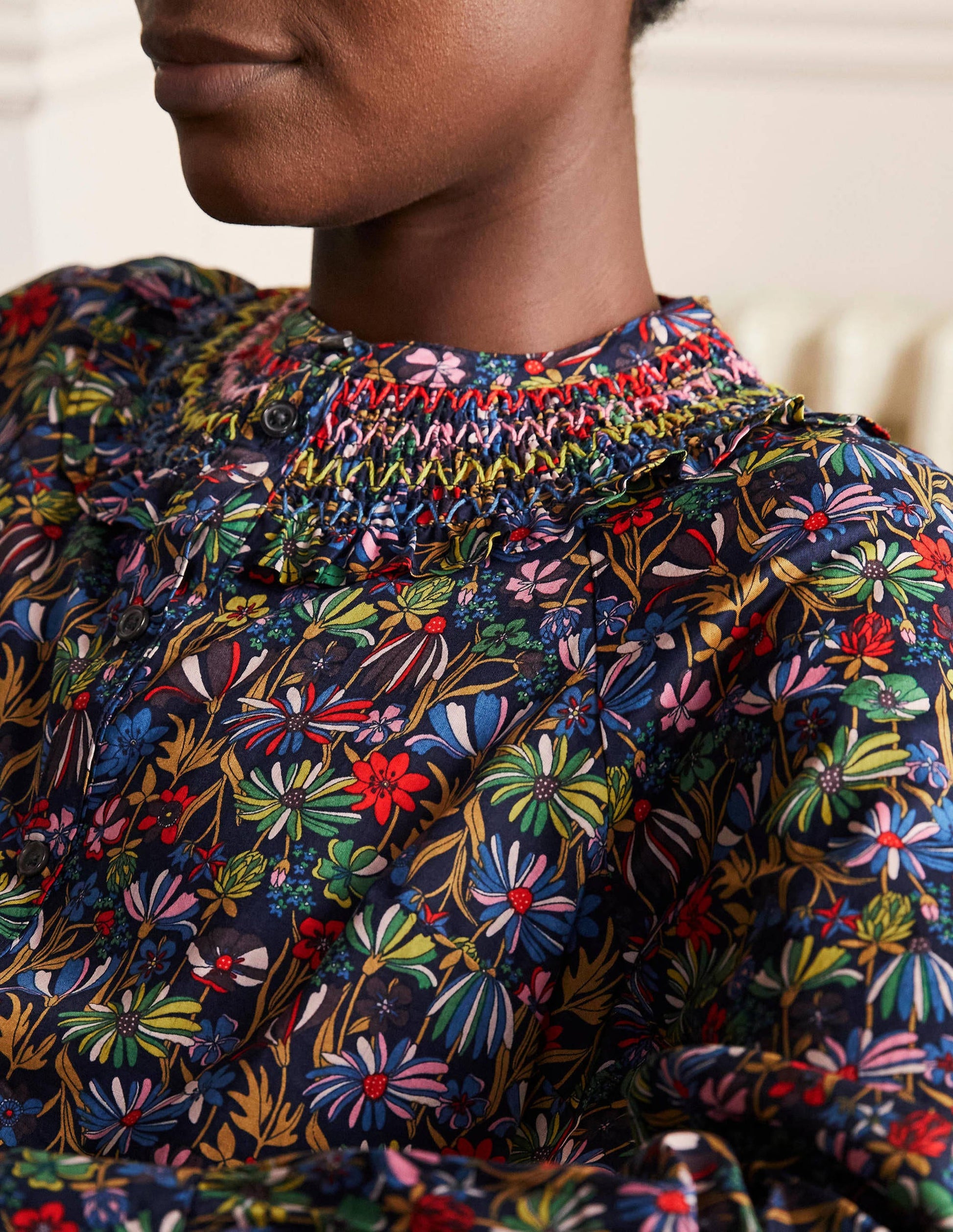 Leandra Smocked Cotton Shirt-Navy, Wild Dandelion-1
